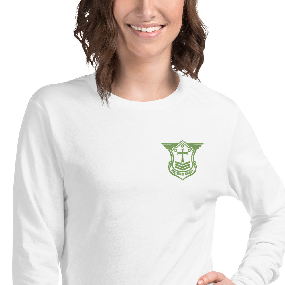 Unisex Long Sleeve T-Shirt with Kiwi Green Embroidered Soldier of Christ Emblem