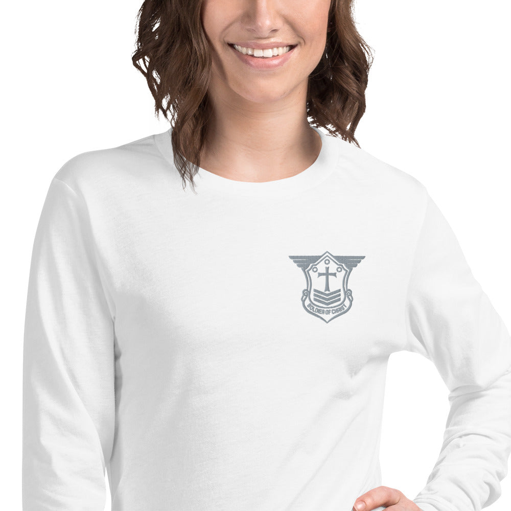 Unisex Long Sleeve T-Shirt with Grey Embroidered Soldier of Christ Emblem