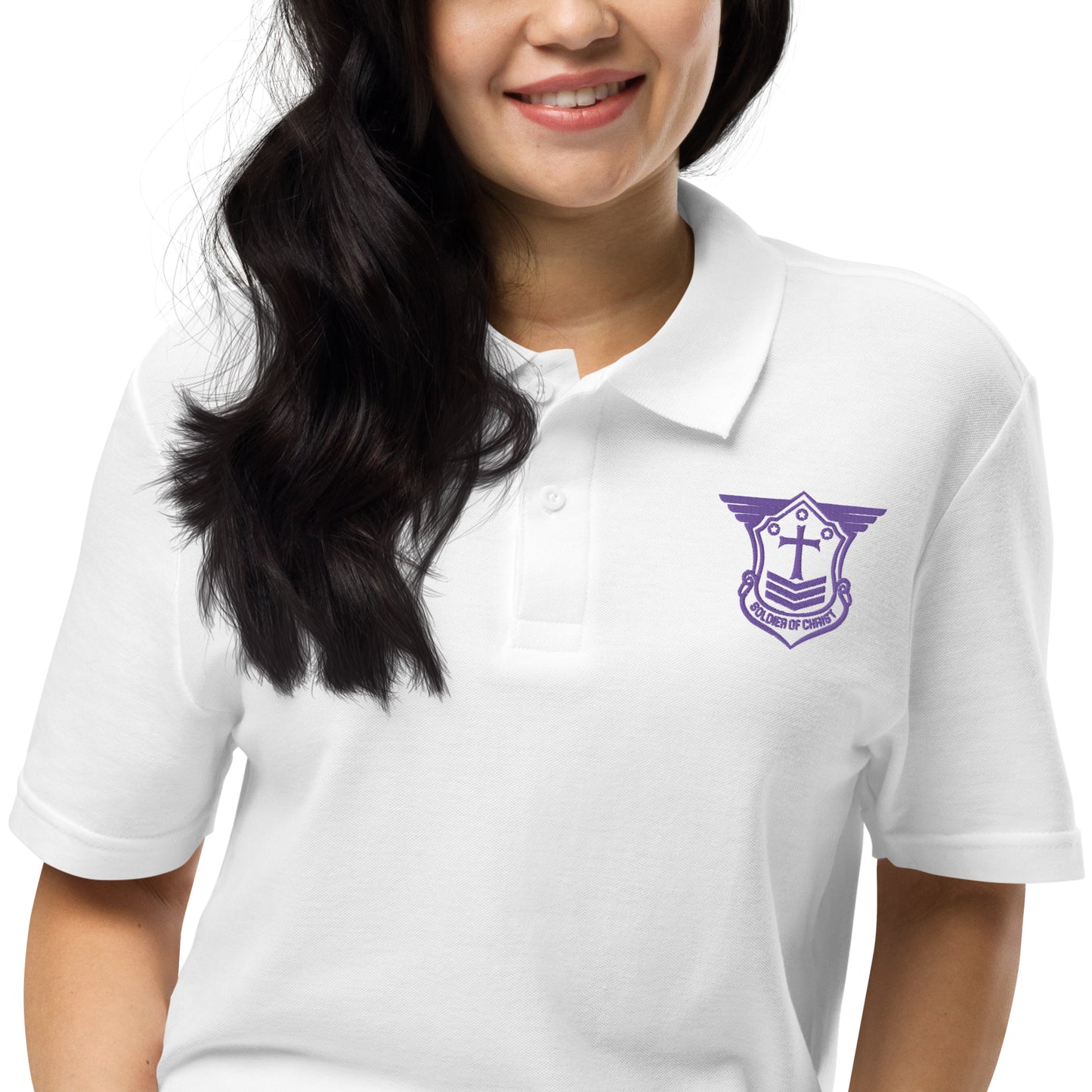 White Unisex Golf Polo w/SOC Emblem - Purple Embroidered