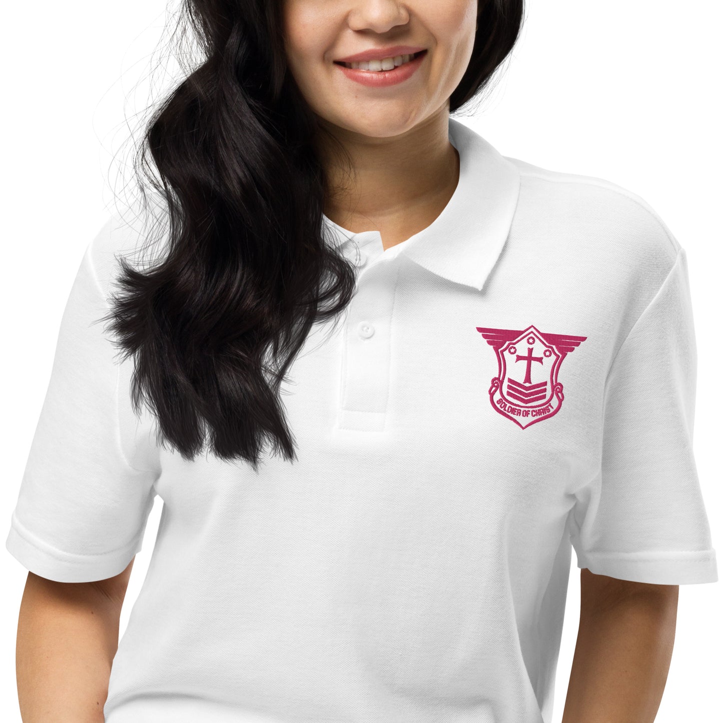 White Unisex Golf Polo w/SOC Emblem - Flamingo Embroidered