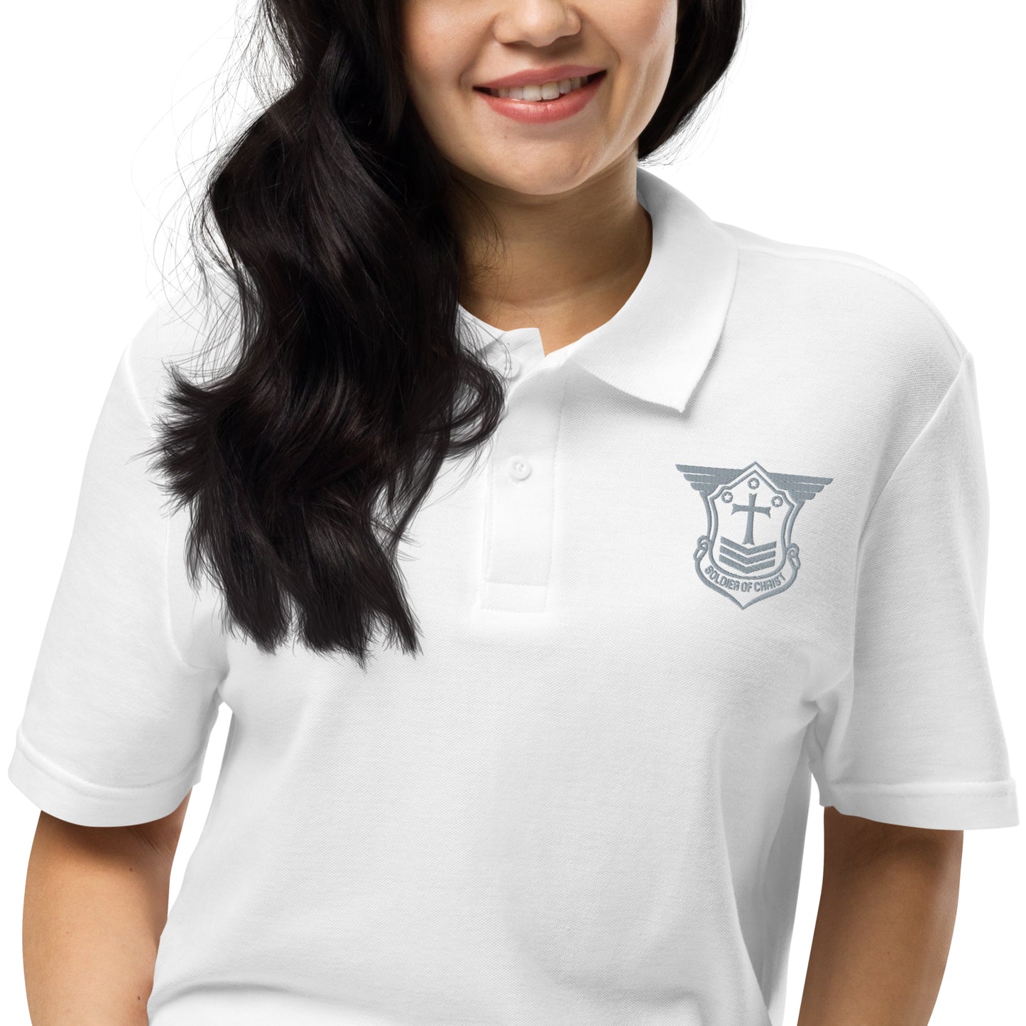 White Unisex Golf Polo w/SOC Emblem - Grey Embroidered