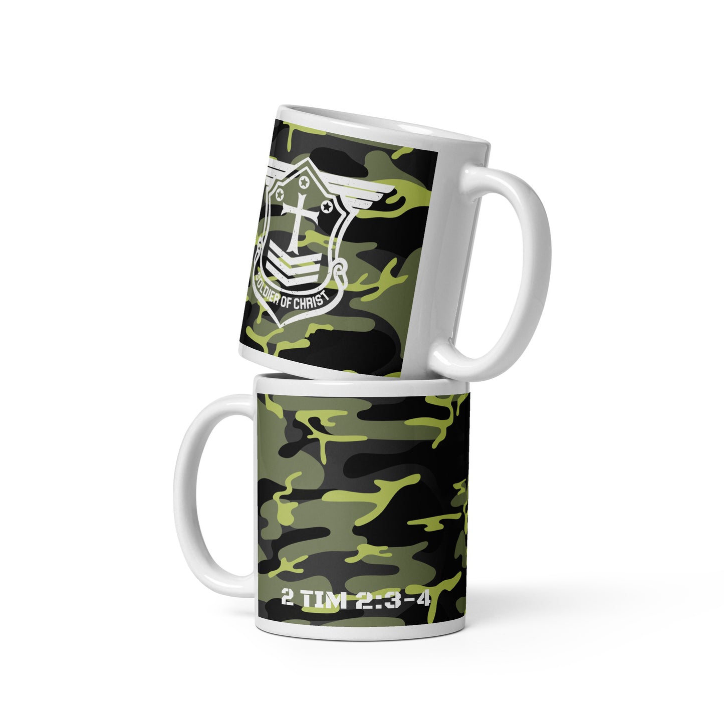 Soldier of Christ White Green Camo Glossy Mug