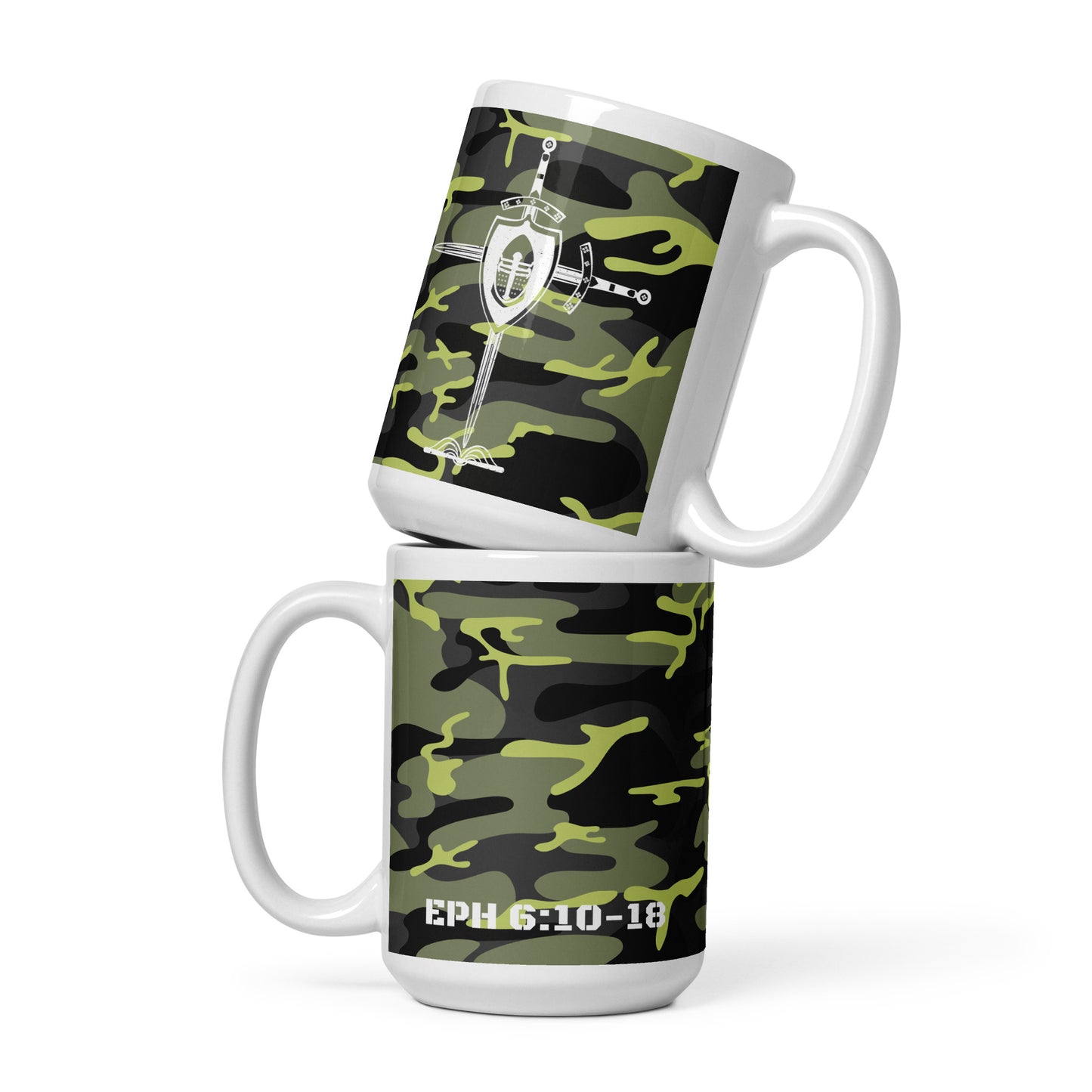 Armor of God White Green Camo Glossy Mug