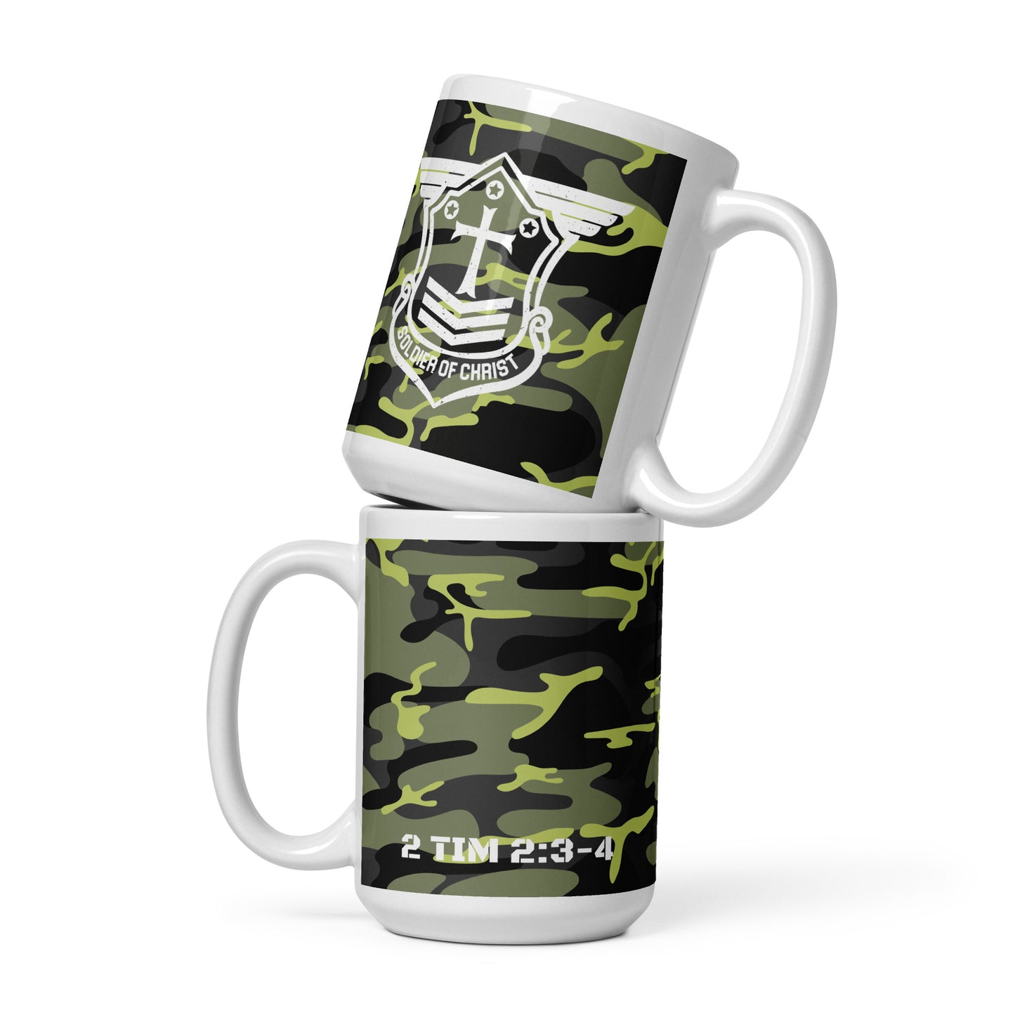 Soldier of Christ White Green Camo Glossy Mug