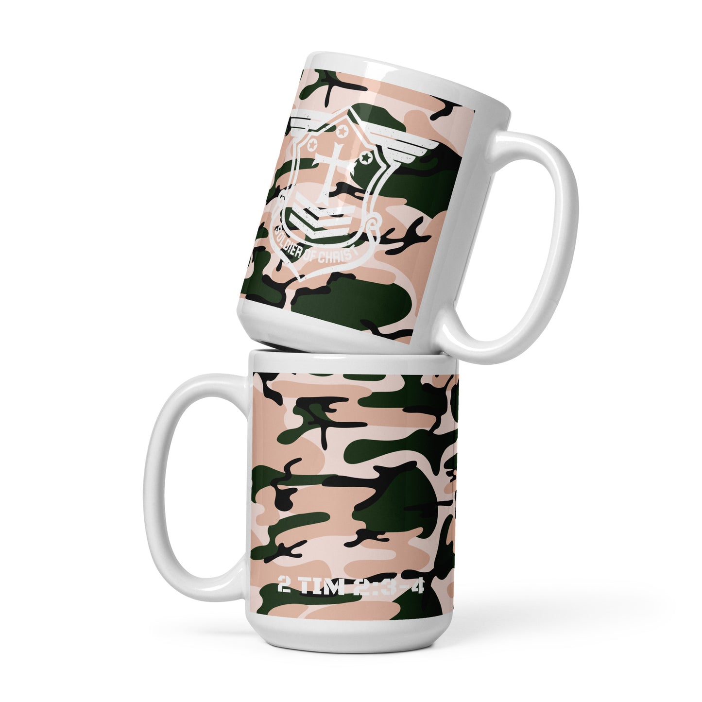 Soldier of Christ White Rose Pink Camo Glossy Mug