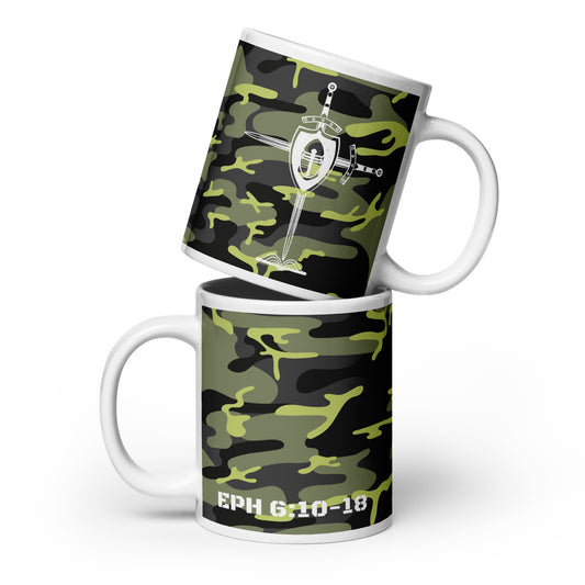 Armor of God White Green Camo Glossy Mug