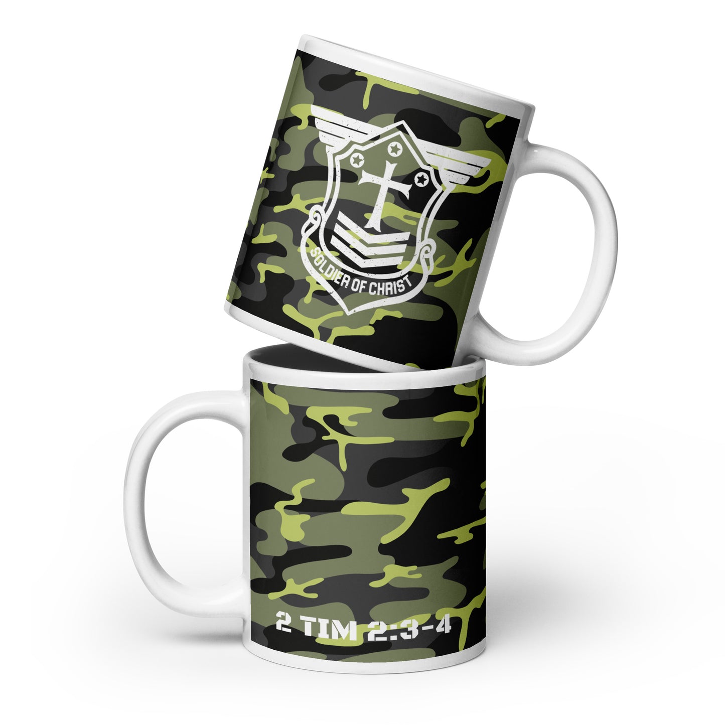 Soldier of Christ White Green Camo Glossy Mug