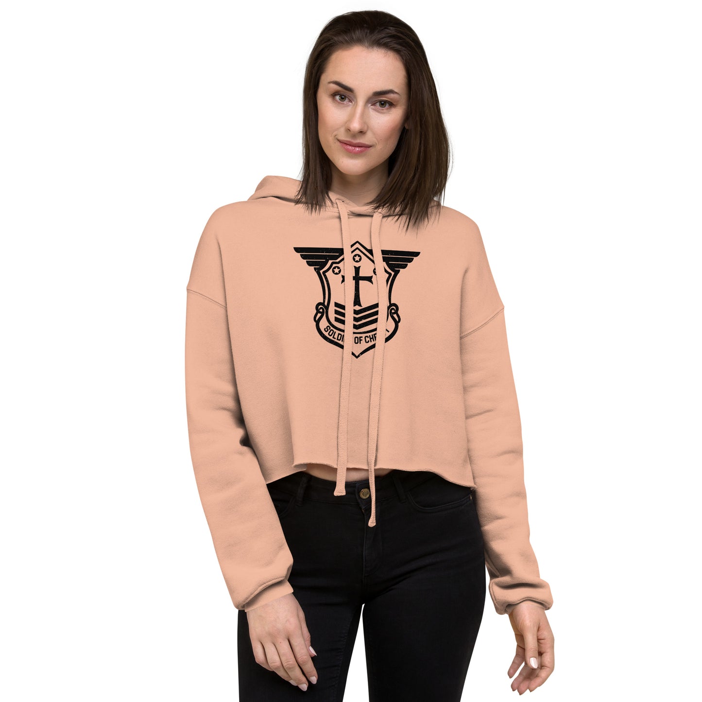 Crop Hoodie with Black Soldier of Christ Emblem Front