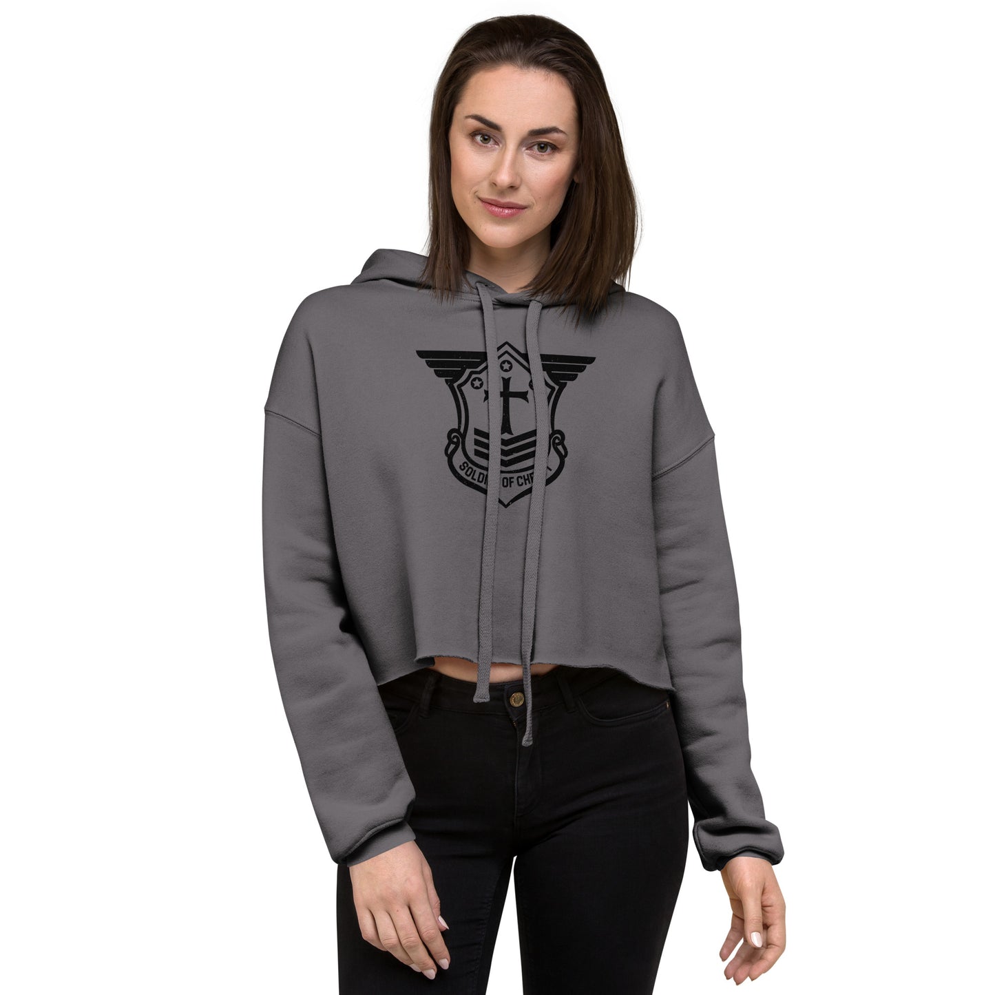 Crop Hoodie with Black Soldier of Christ Emblem Front