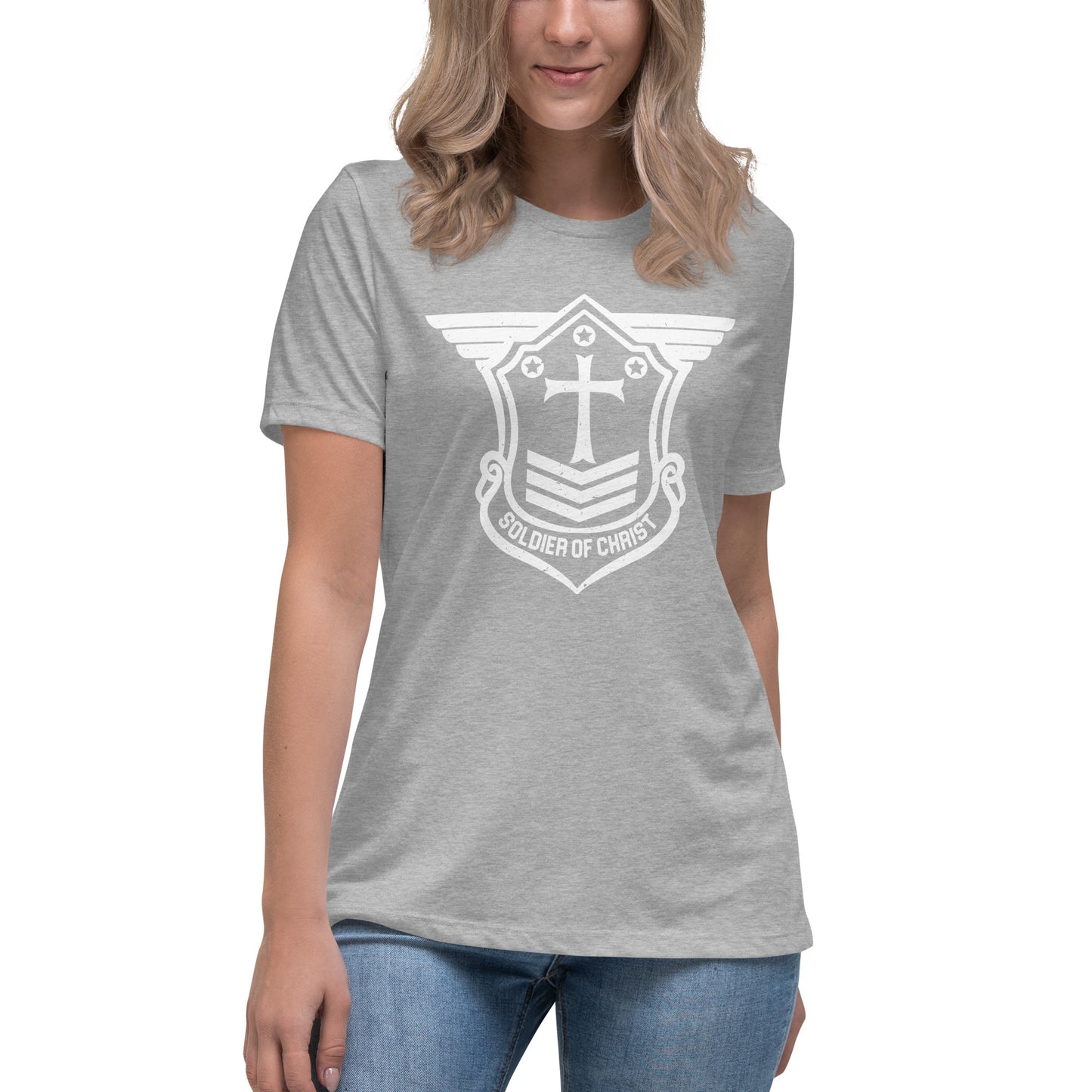 Women's Relaxed T-Shirt with White Soldier of Christ Emblem Front