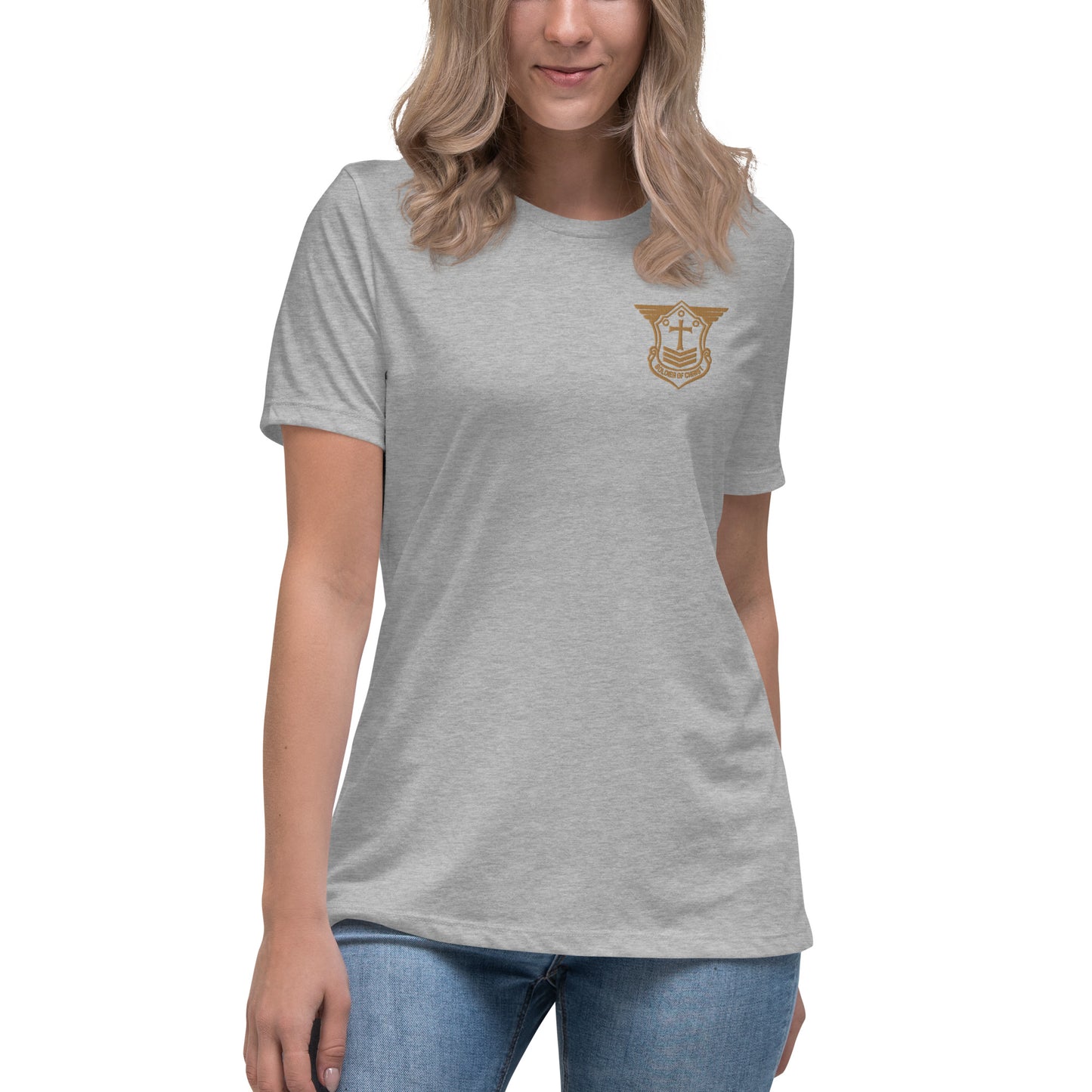 Women's Relaxed T-Shirt with Old Gold Embroidered Soldier of Christ Emblem