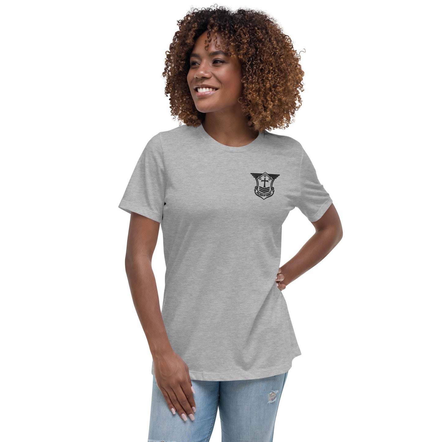 Women's Relaxed T-Shirt with Black Embroidered Soldier of Christ Emblem