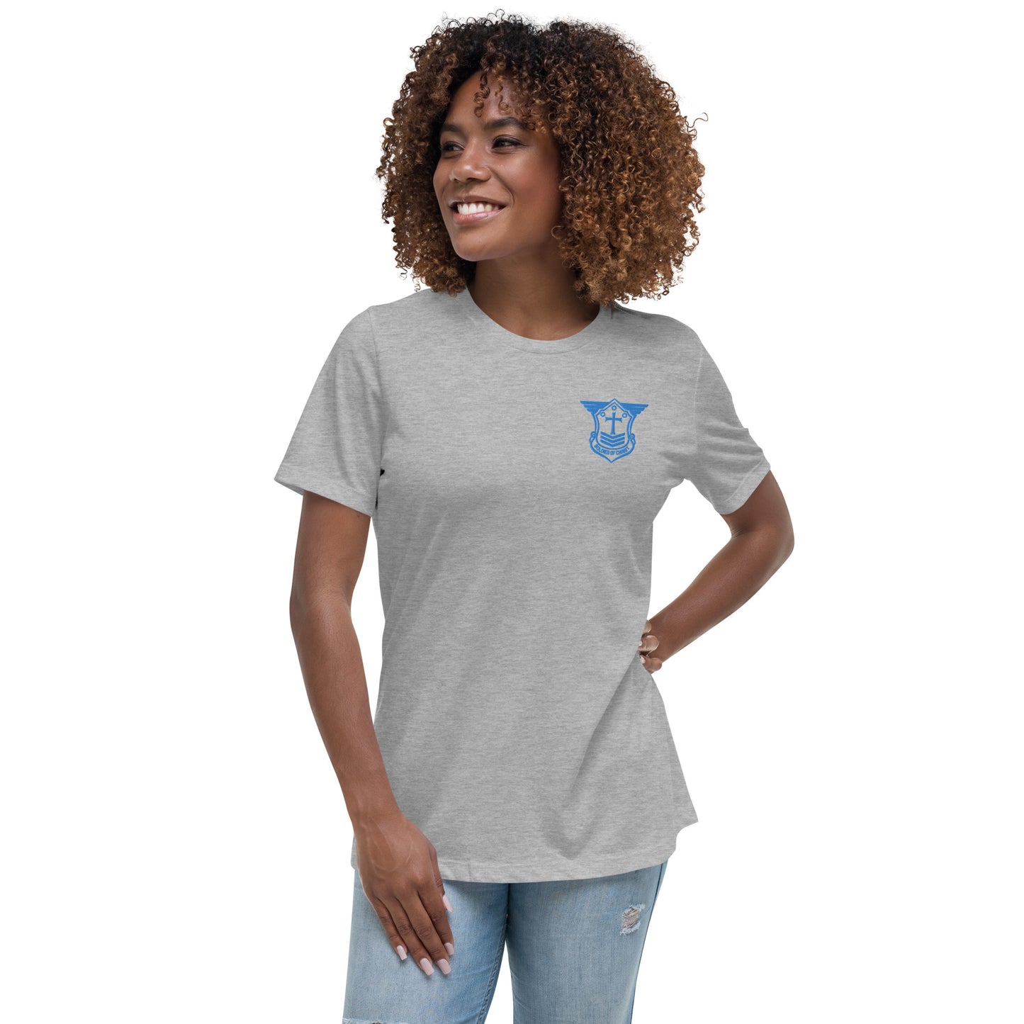 Women's Relaxed T-Shirt with Aqua Teal Embroidered Soldier of Christ Emblem