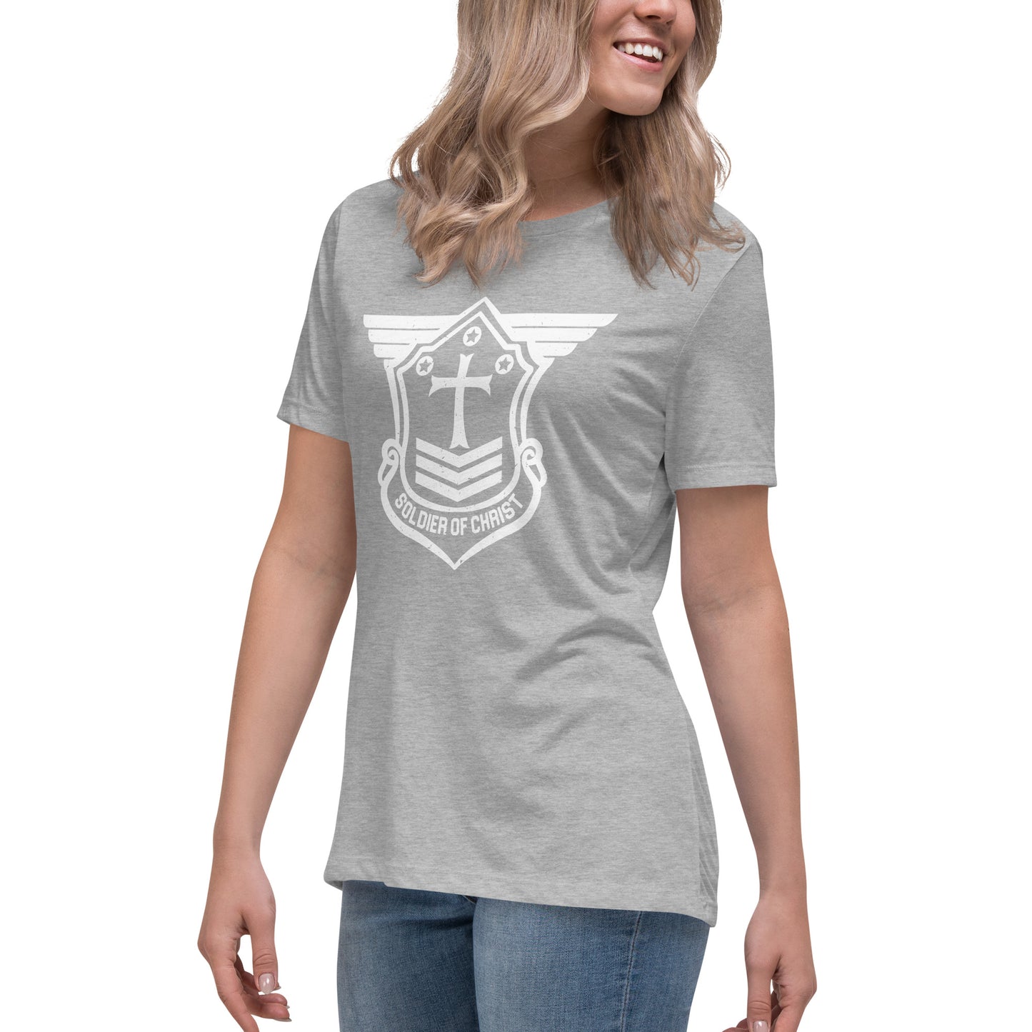 Women's Relaxed T-Shirt with White Soldier of Christ Emblem Front