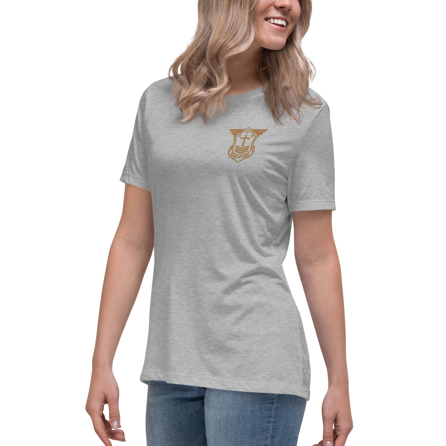 Women's Relaxed T-Shirt with Old Gold Embroidered Soldier of Christ Emblem