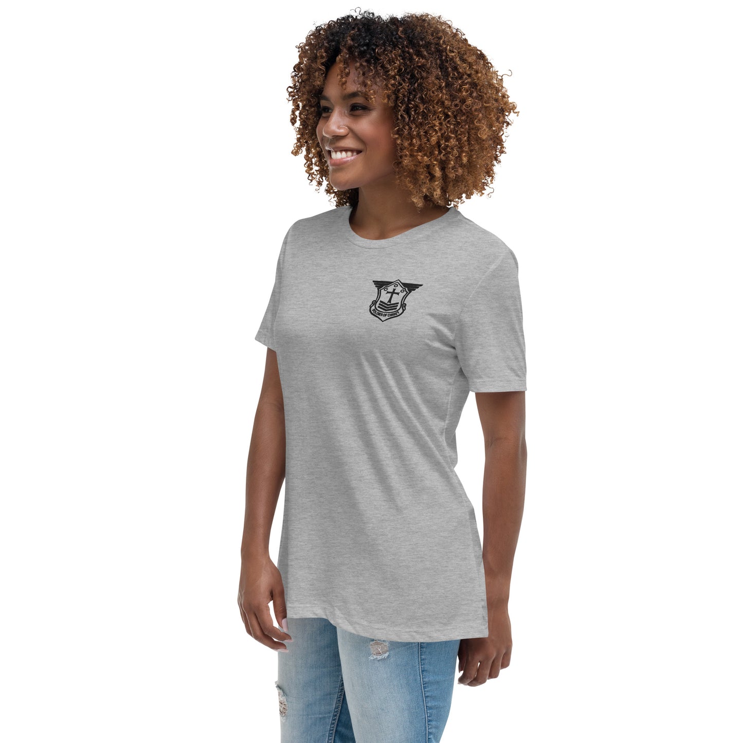 Women's Relaxed T-Shirt with Black Embroidered Soldier of Christ Emblem