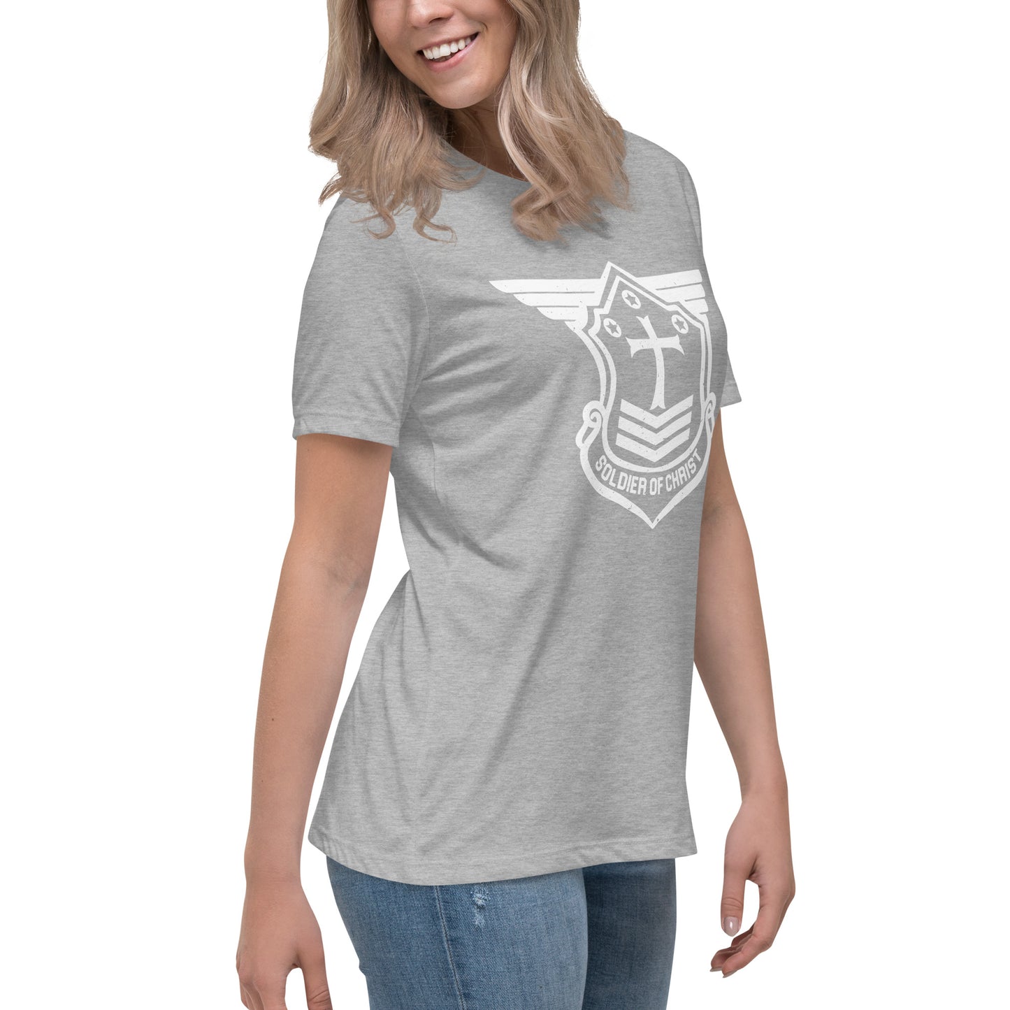 Women's Relaxed T-Shirt with White Soldier of Christ Emblem Front