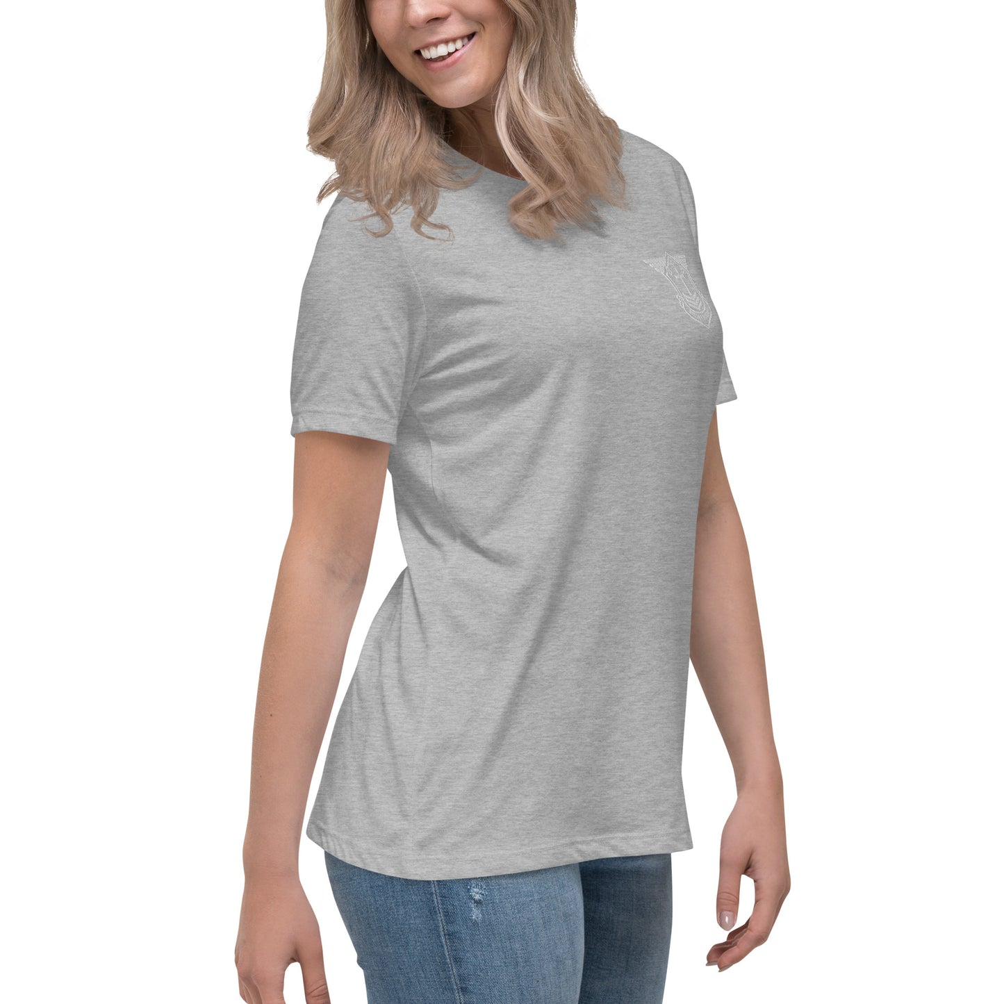 Women's Relaxed T-Shirt with White Embroidered Soldier of Christ Emblem