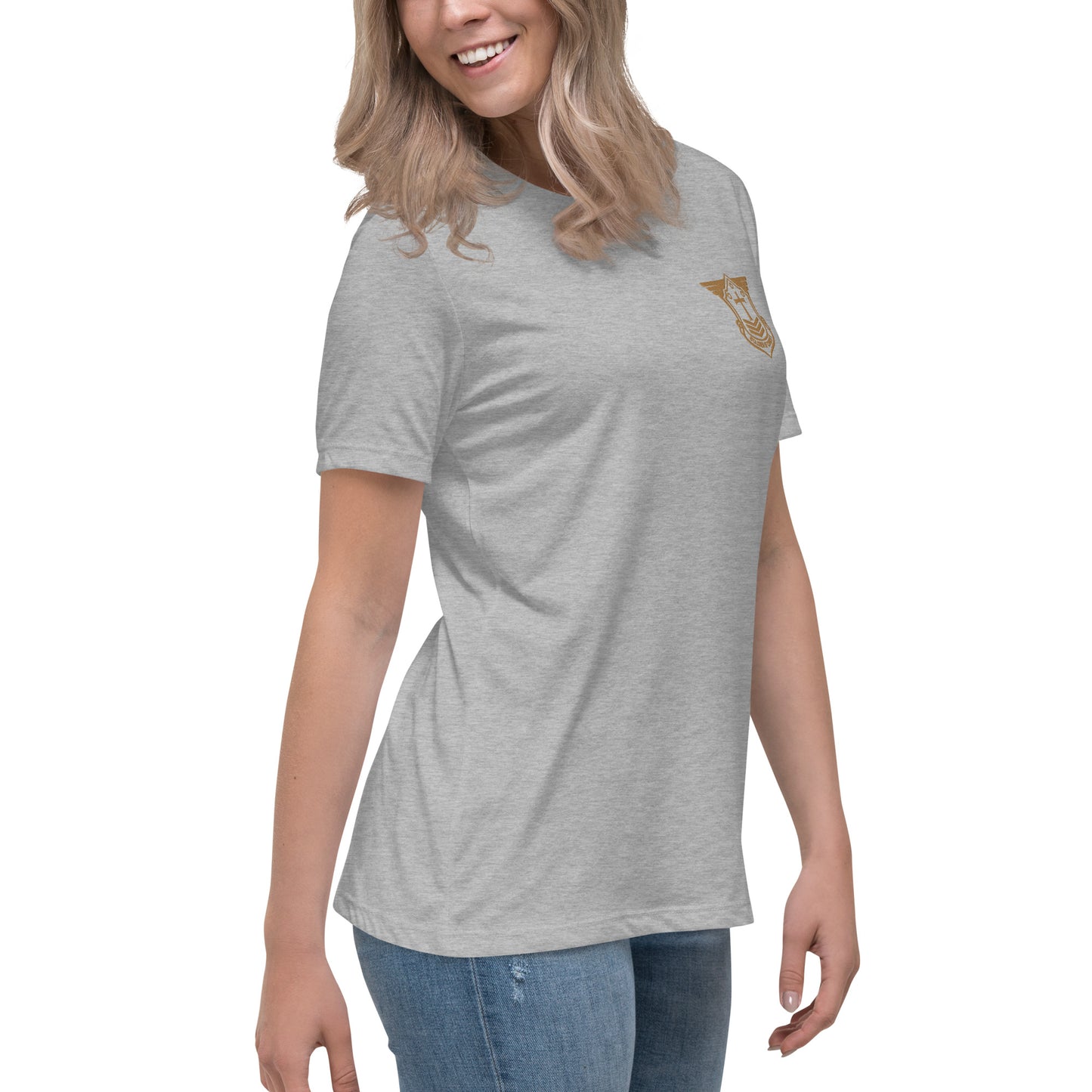 Women's Relaxed T-Shirt with Old Gold Embroidered Soldier of Christ Emblem