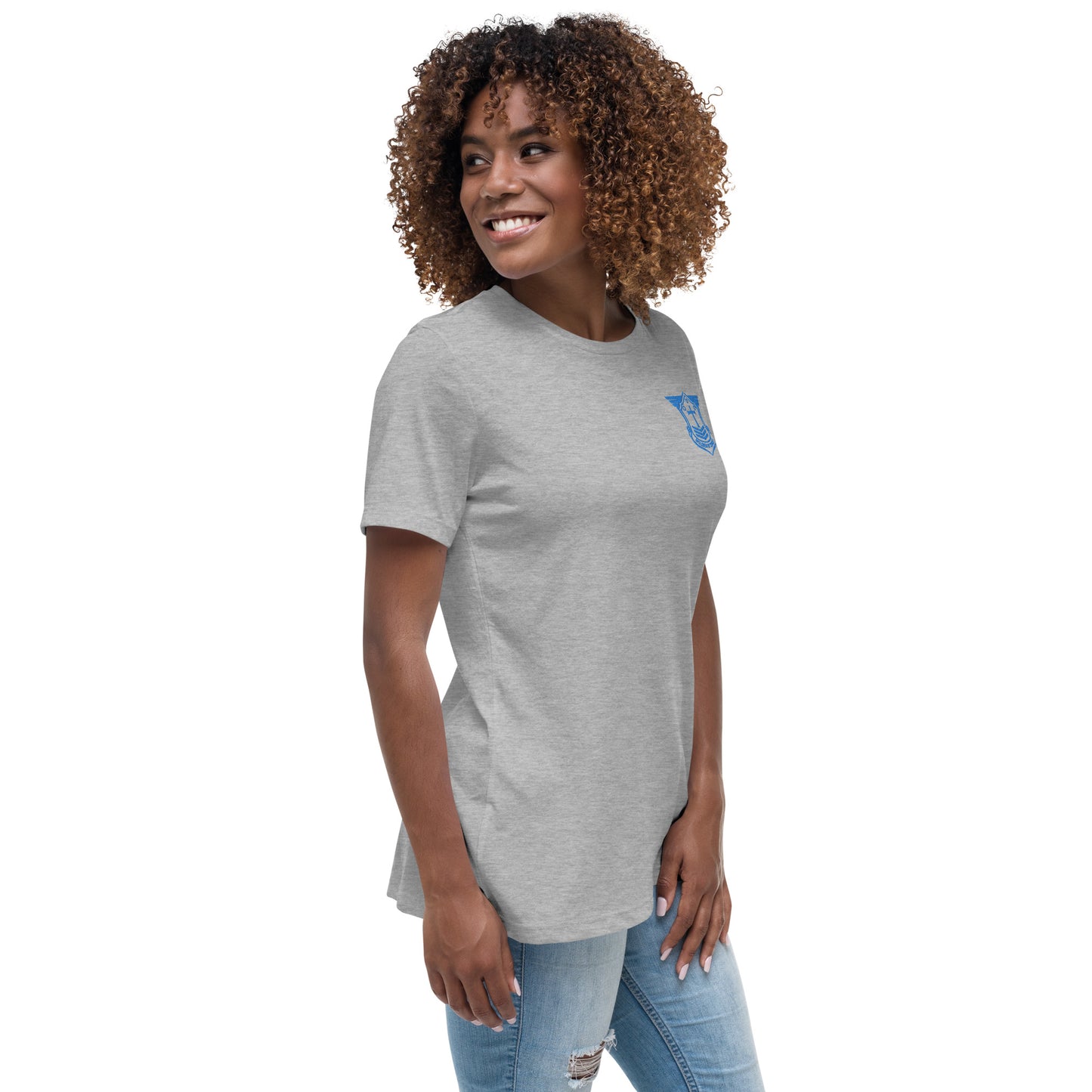 Women's Relaxed T-Shirt with Aqua Teal Embroidered Soldier of Christ Emblem