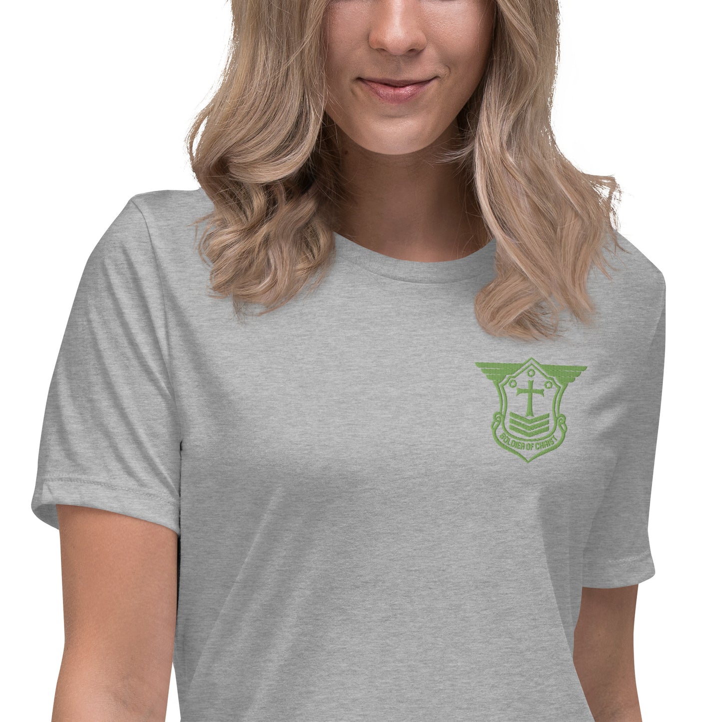 Women's Relaxed T-Shirt with Kiwi Green Embroidered Soldier of Christ Emblem