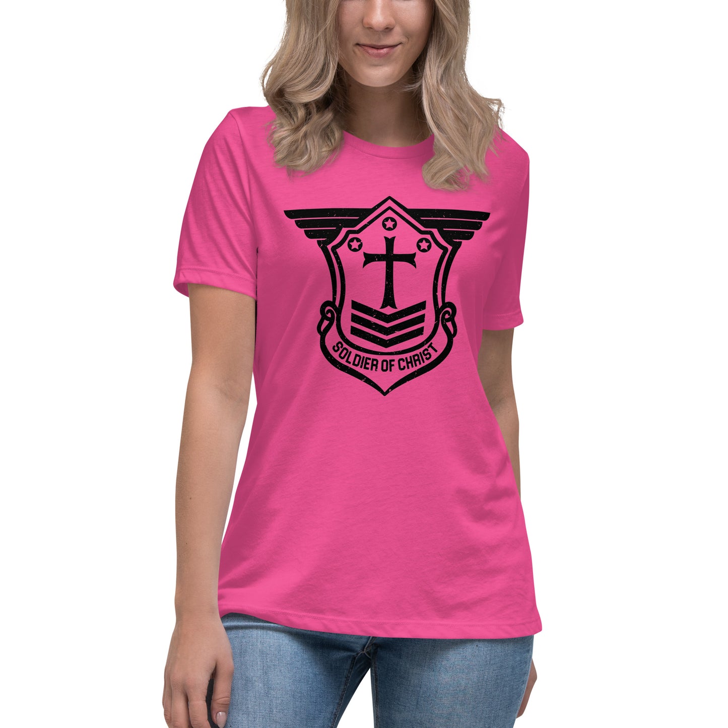 Women's Relaxed T-Shirt with Black Soldier of Christ Emblem Front