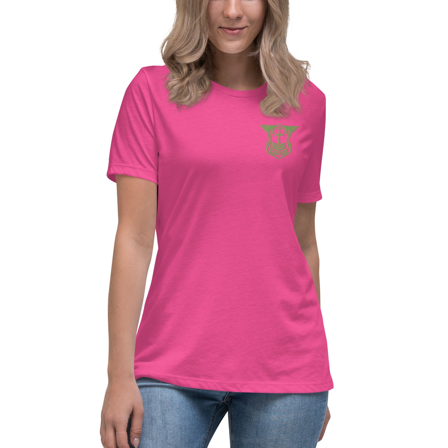 Women's Relaxed T-Shirt with Kiwi Green Embroidered Soldier of Christ Emblem