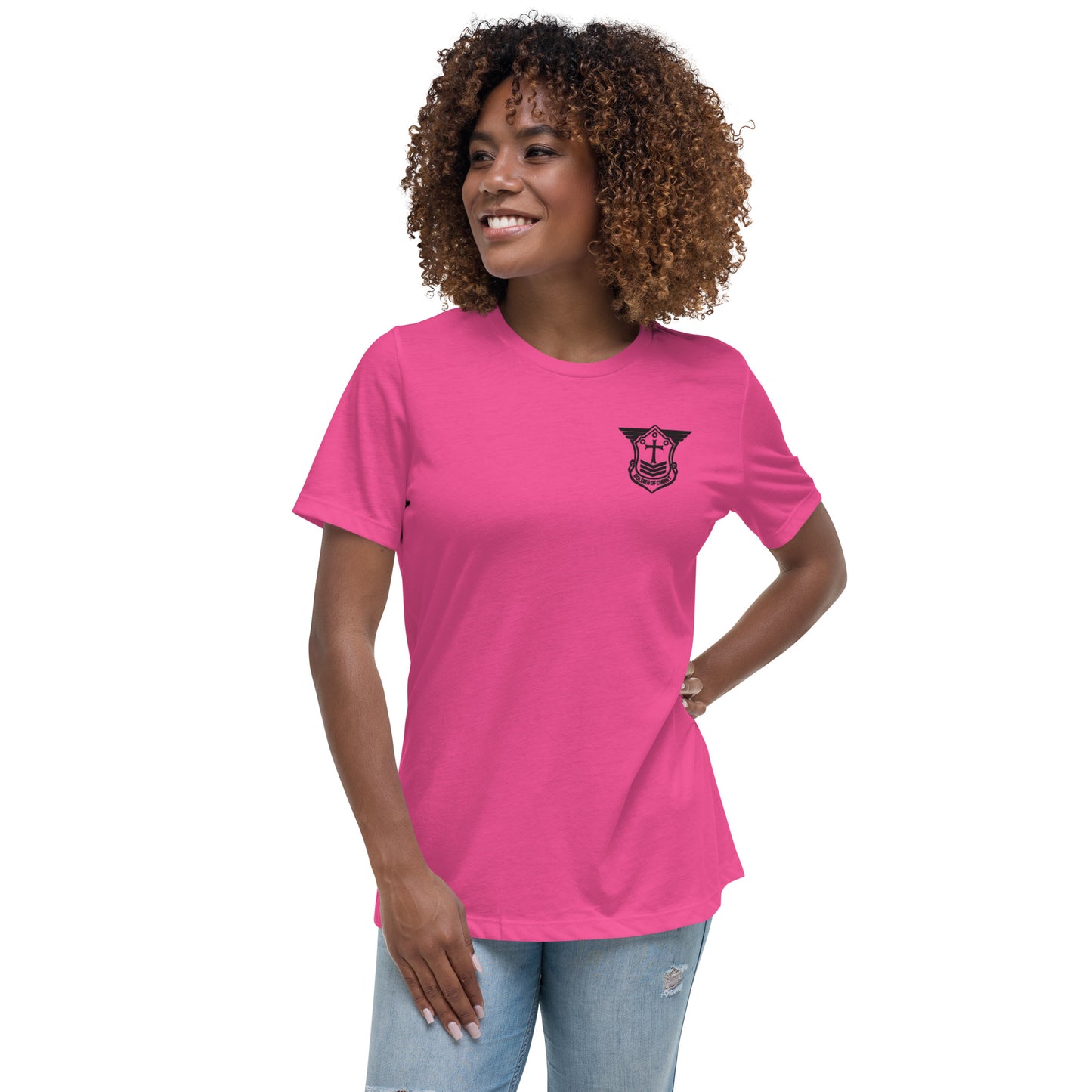 Women's Relaxed T-Shirt with Black Embroidered Soldier of Christ Emblem