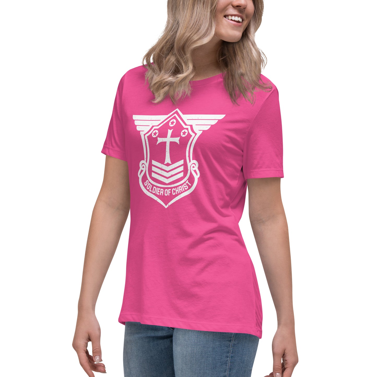 Women's Relaxed T-Shirt with White Soldier of Christ Emblem Front