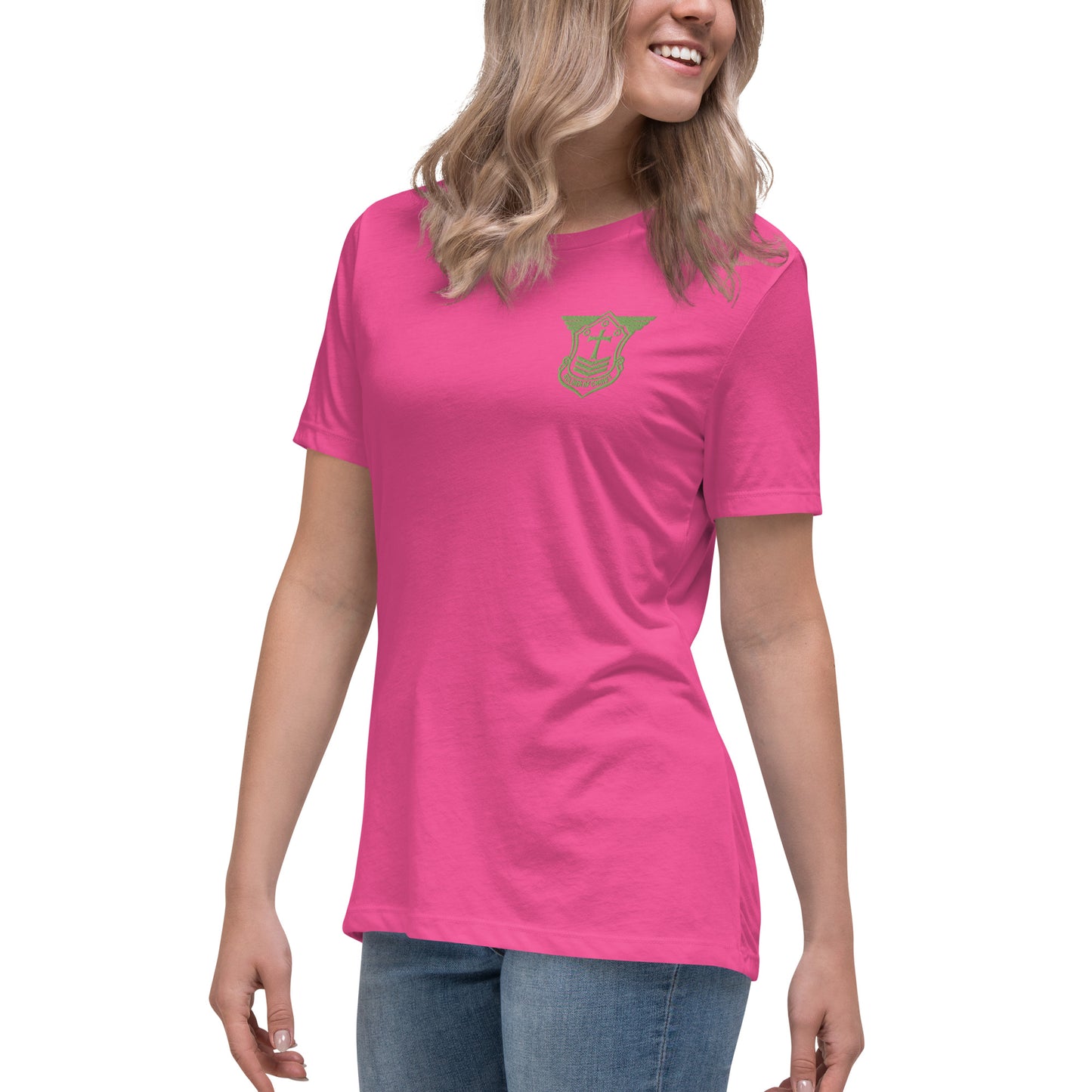 Women's Relaxed T-Shirt with Kiwi Green Embroidered Soldier of Christ Emblem