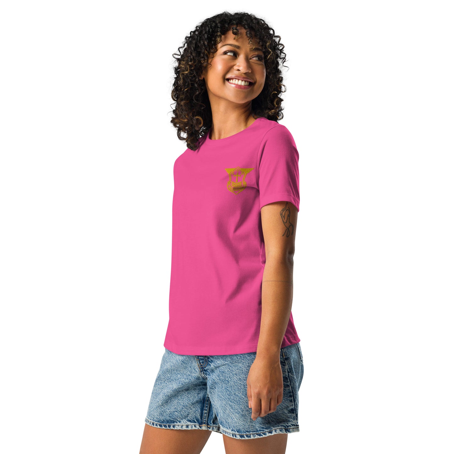 Women's Relaxed T-Shirt with Gold Embroidered Soldier of Christ Emblem