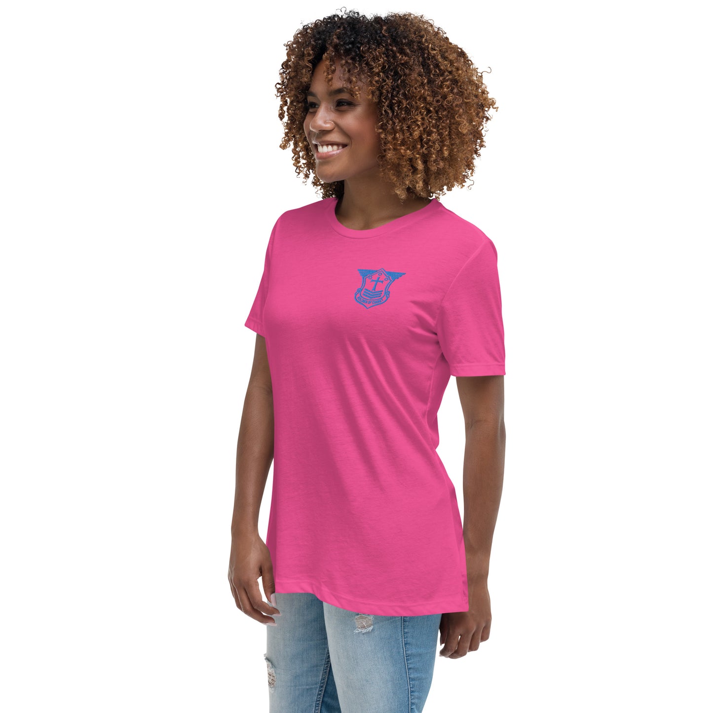 Women's Relaxed T-Shirt with Aqua Teal Embroidered Soldier of Christ Emblem