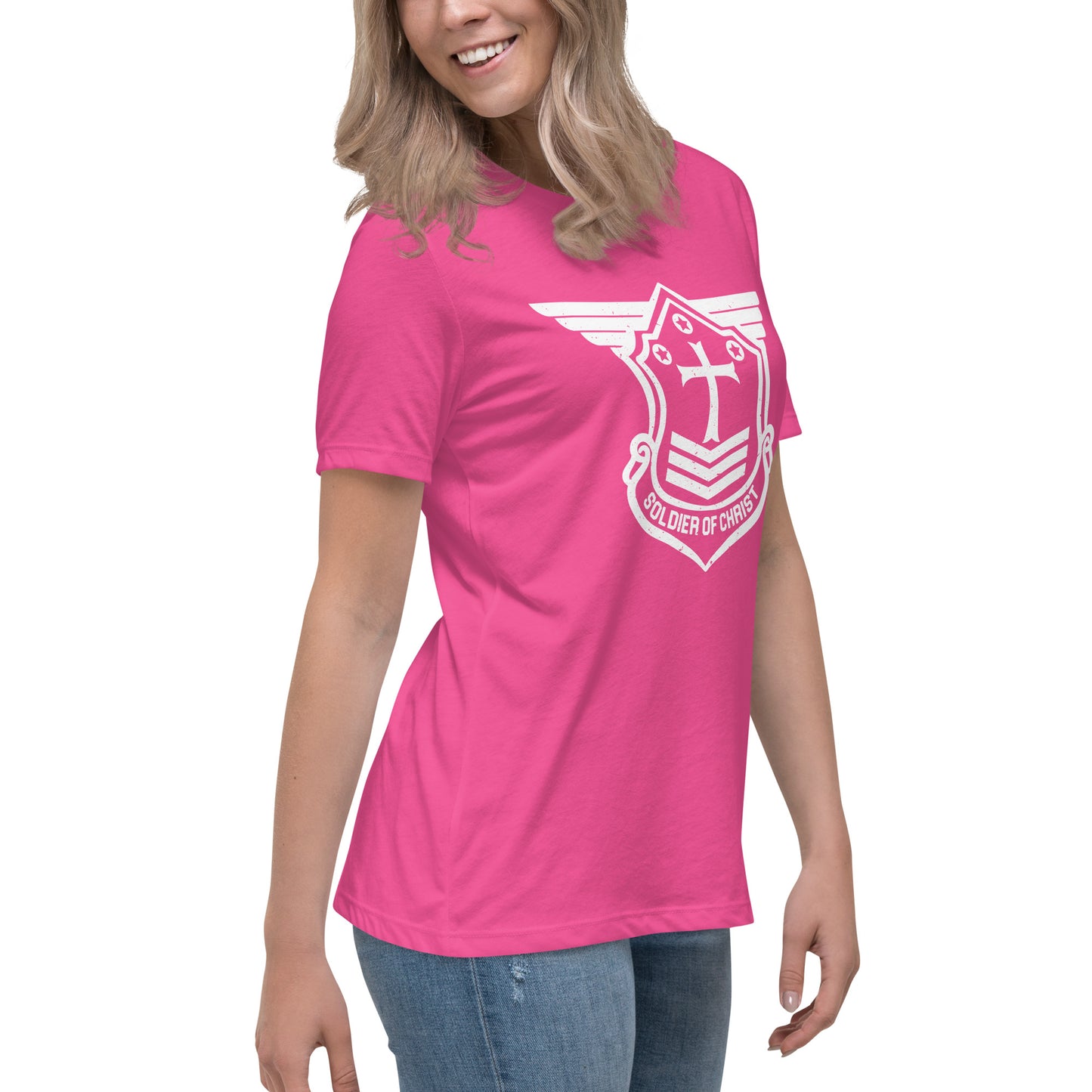 Women's Relaxed T-Shirt with White Soldier of Christ Emblem Front