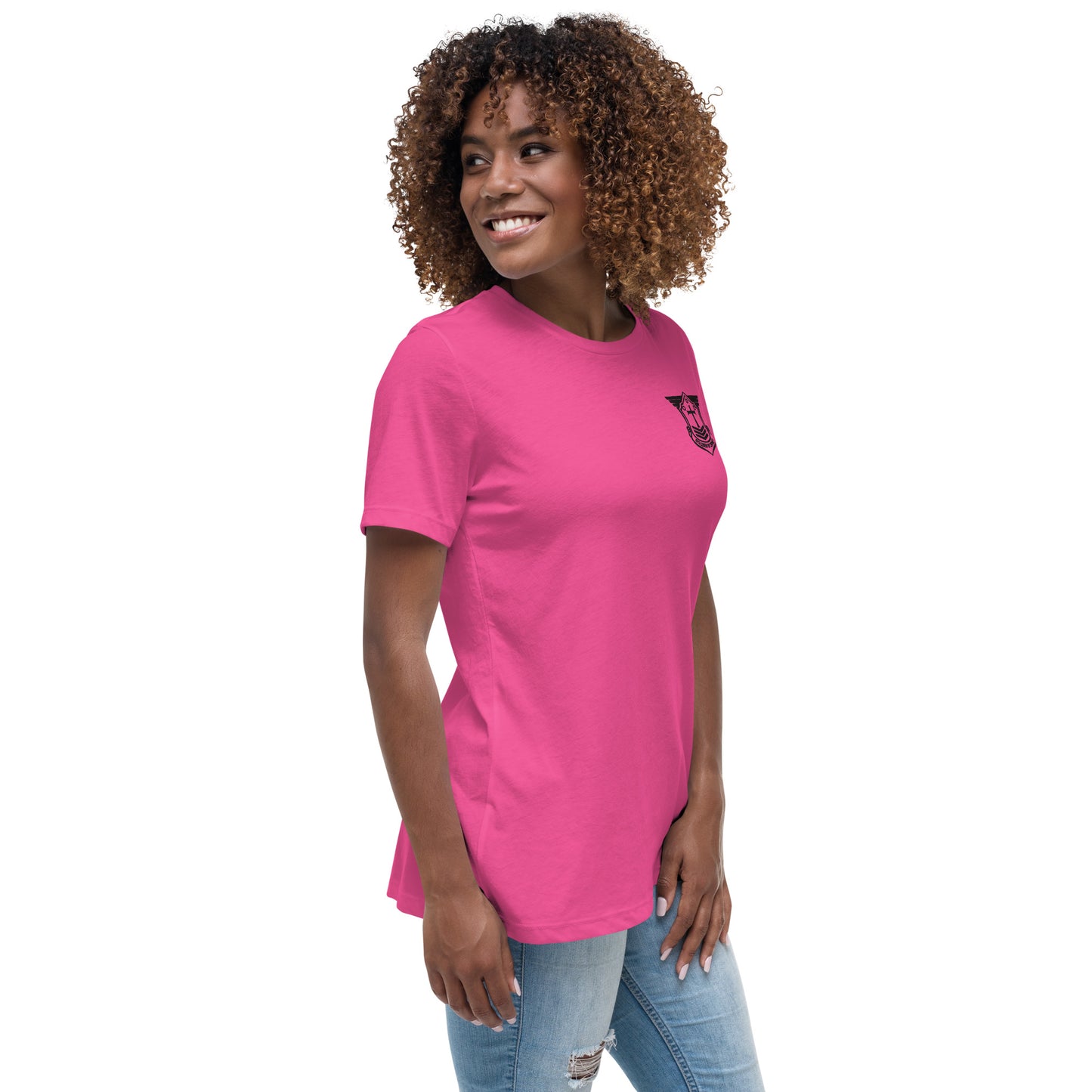 Women's Relaxed T-Shirt with Black Embroidered Soldier of Christ Emblem