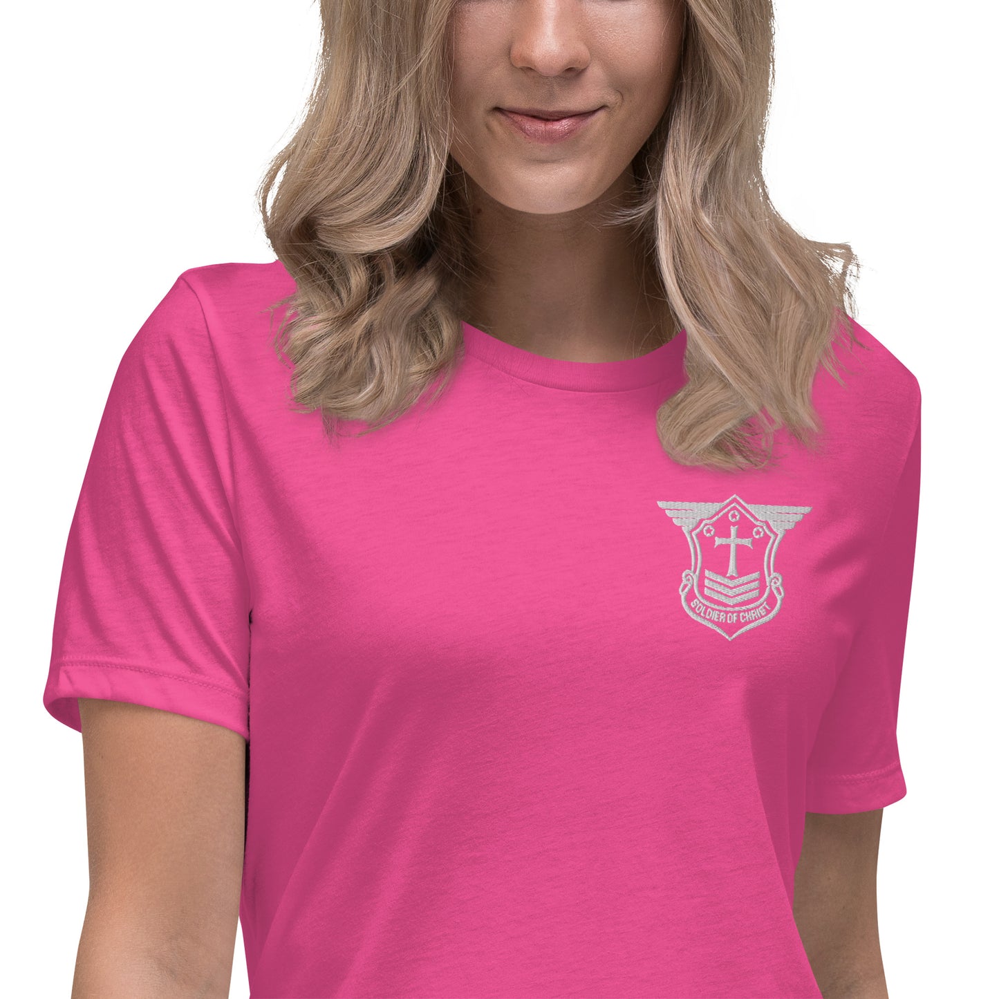 Women's Relaxed T-Shirt with White Embroidered Soldier of Christ Emblem