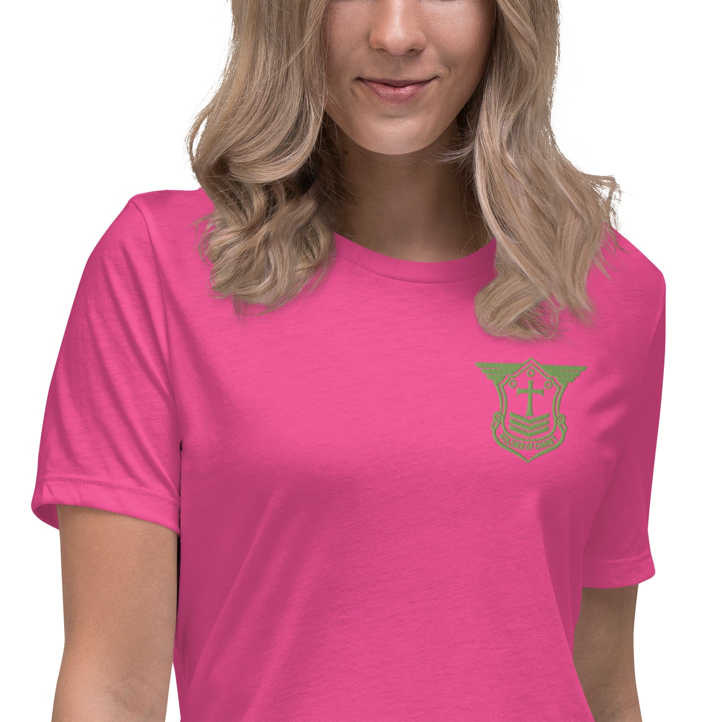 Women's Relaxed T-Shirt with Kiwi Green Embroidered Soldier of Christ Emblem