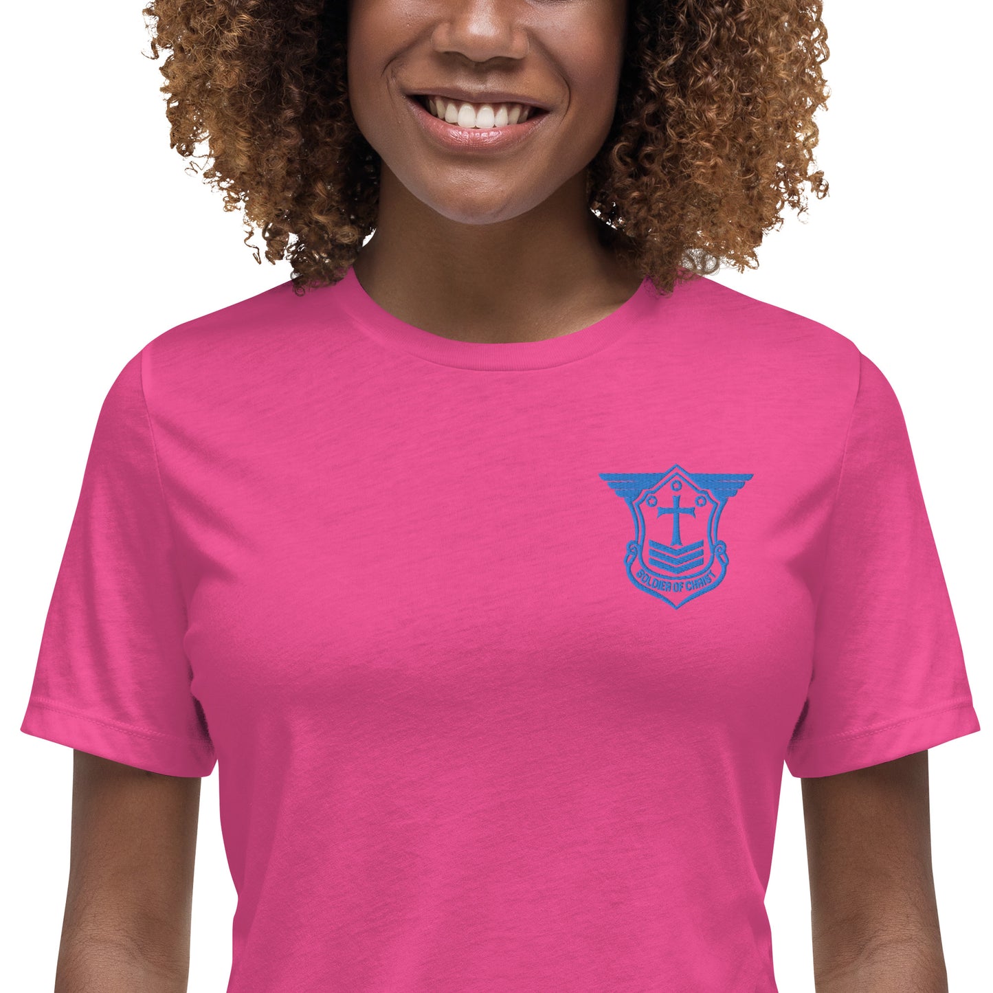 Women's Relaxed T-Shirt with Aqua Teal Embroidered Soldier of Christ Emblem