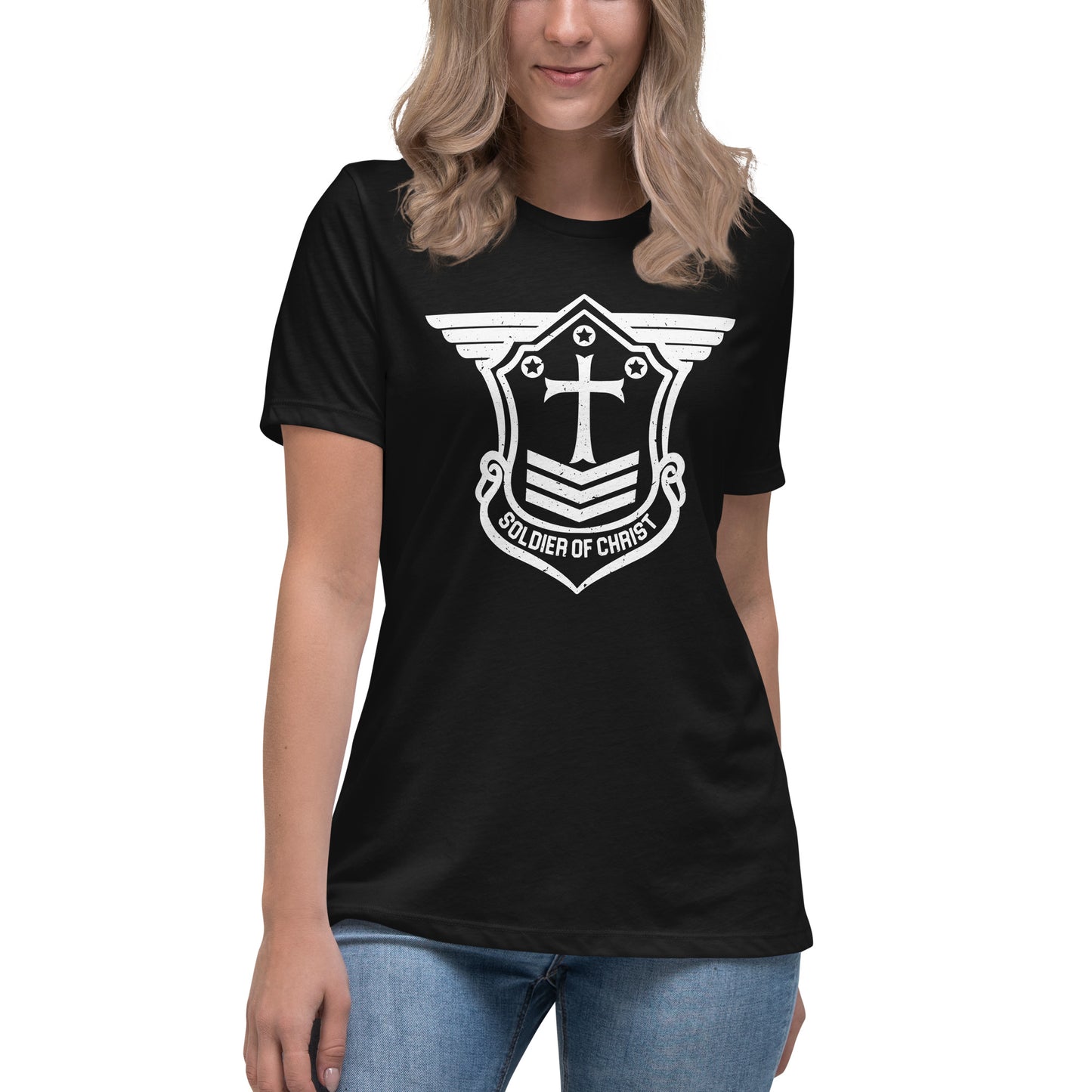 Women's Relaxed T-Shirt with White Soldier of Christ Emblem Front