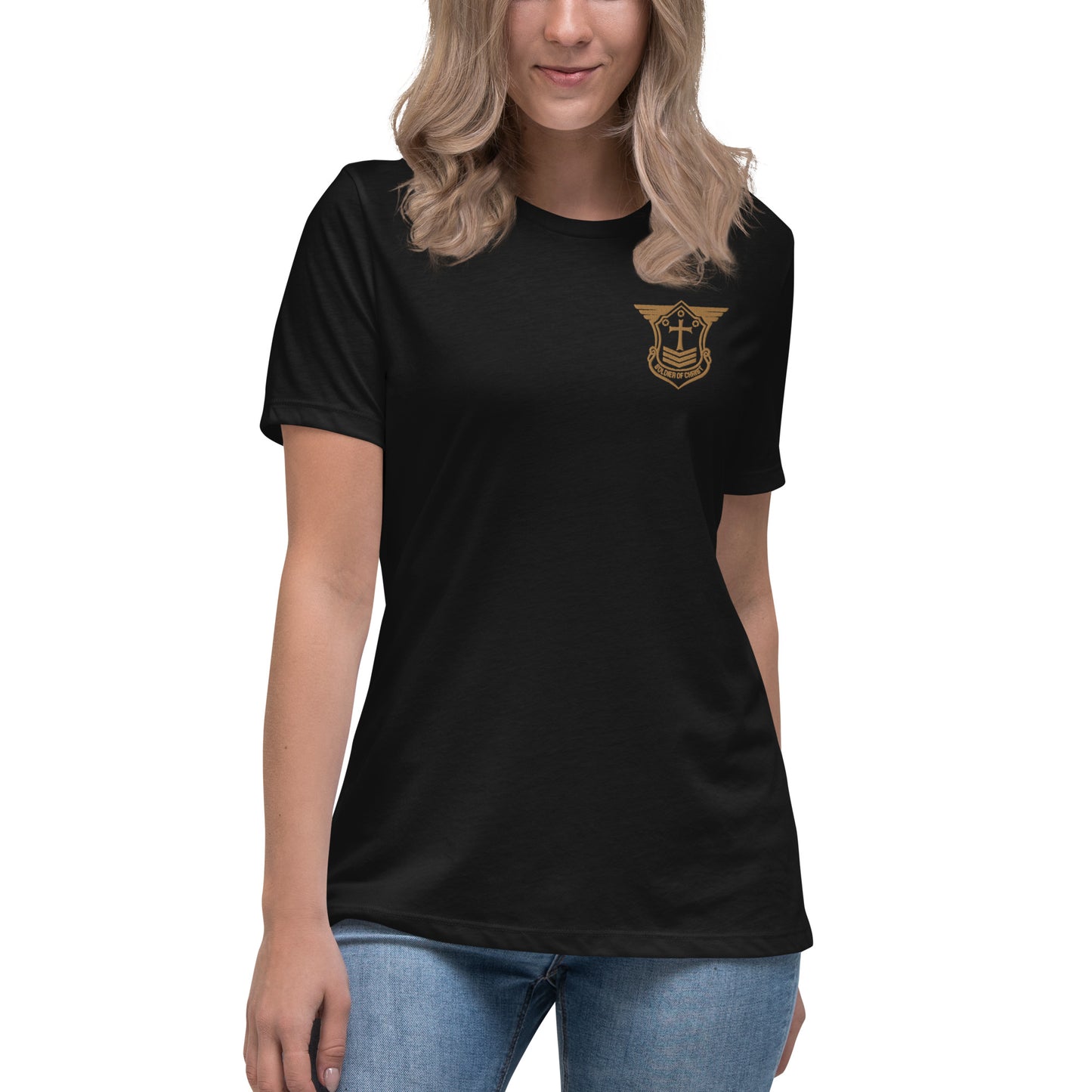 Women's Relaxed T-Shirt with Old Gold Embroidered Soldier of Christ Emblem