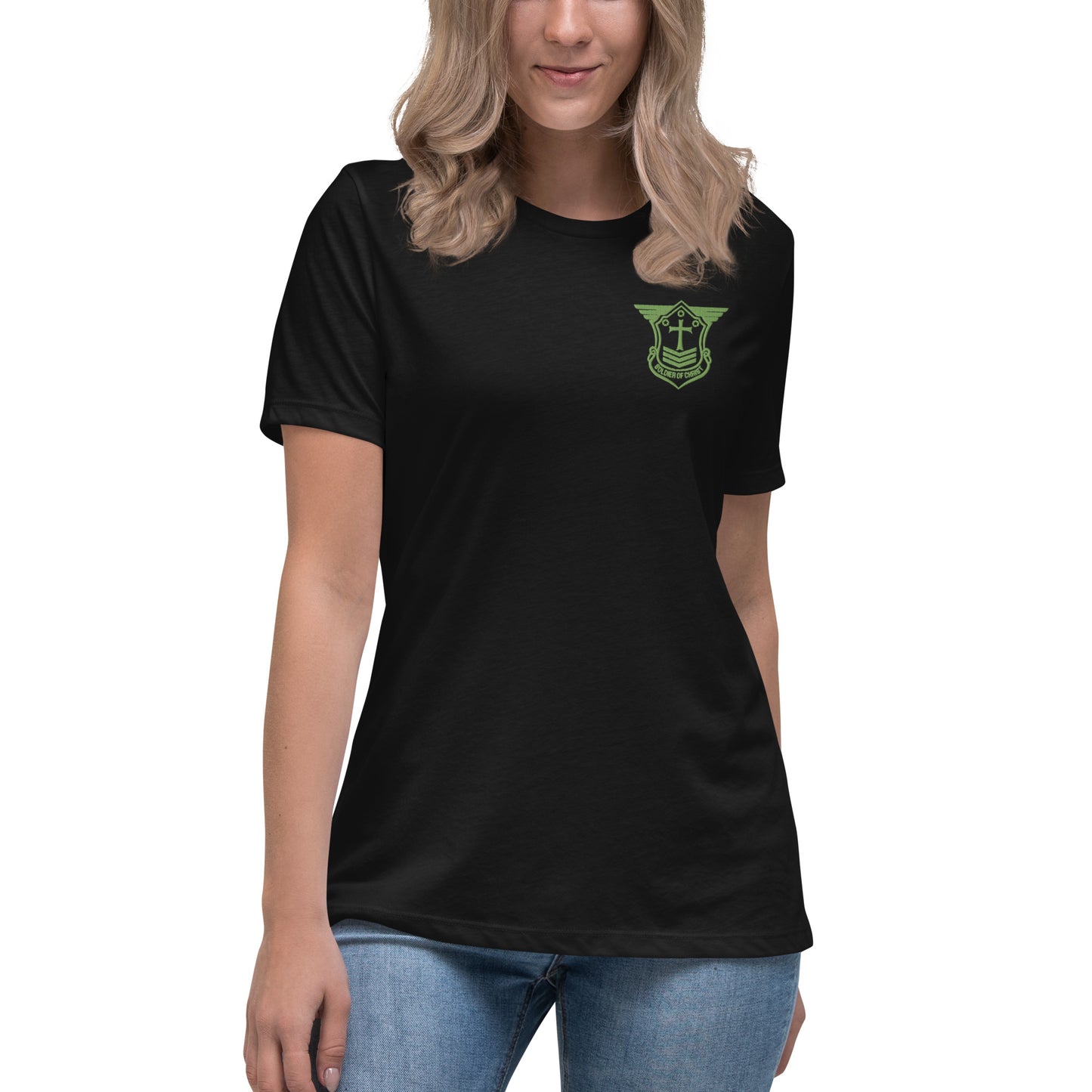 Women's Relaxed T-Shirt with Kiwi Green Embroidered Soldier of Christ Emblem