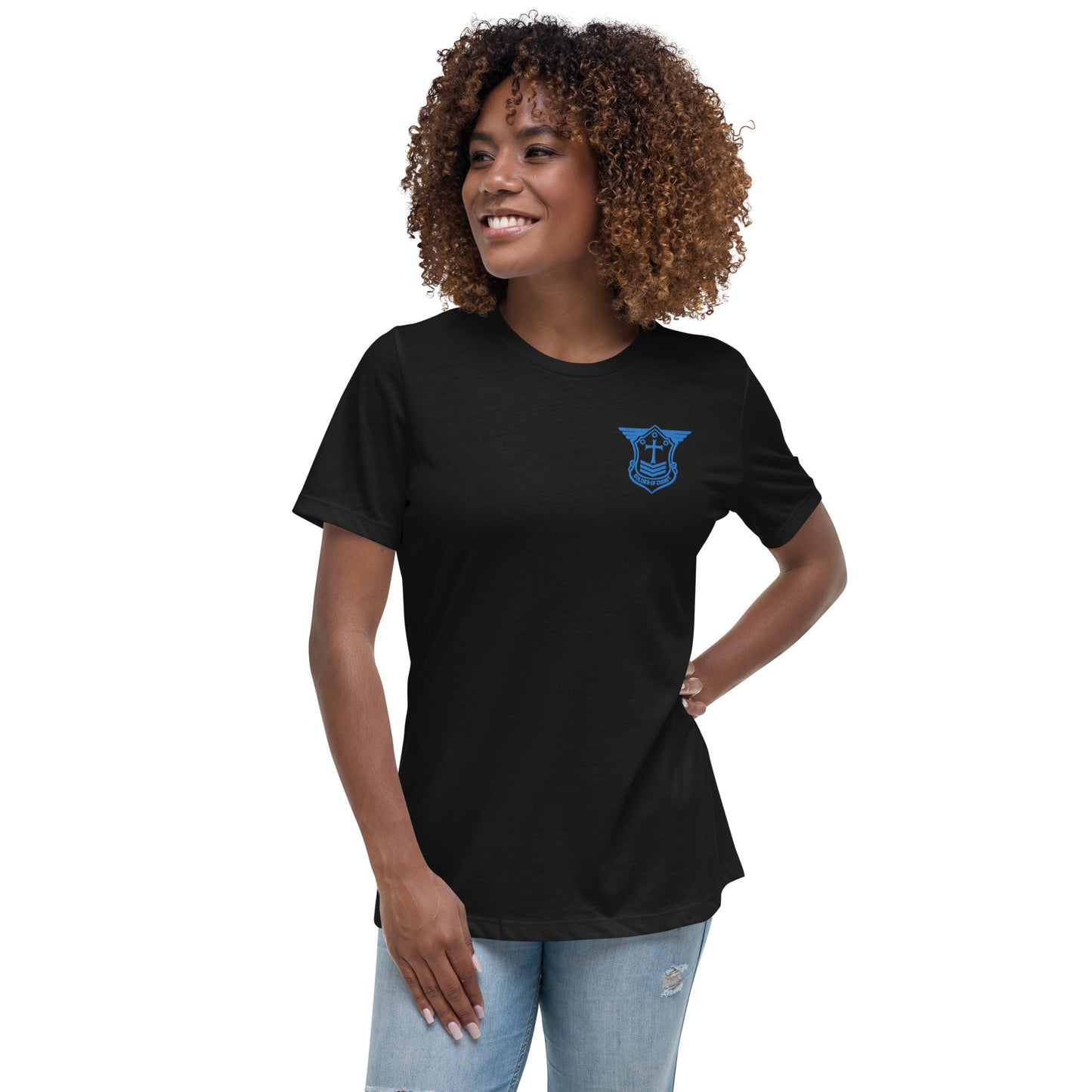 Women's Relaxed T-Shirt with Aqua Teal Embroidered Soldier of Christ Emblem