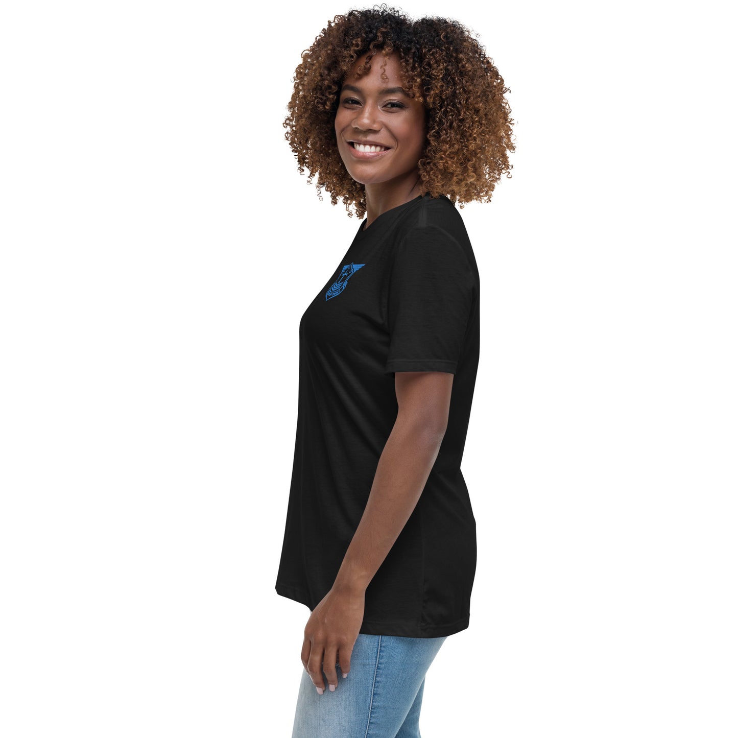 Women's Relaxed T-Shirt with Aqua Teal Embroidered Soldier of Christ Emblem