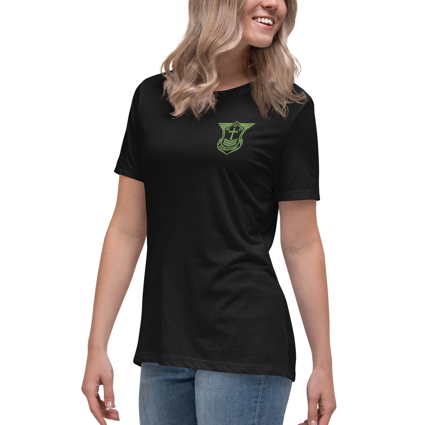 Women's Relaxed T-Shirt with Kiwi Green Embroidered Soldier of Christ Emblem