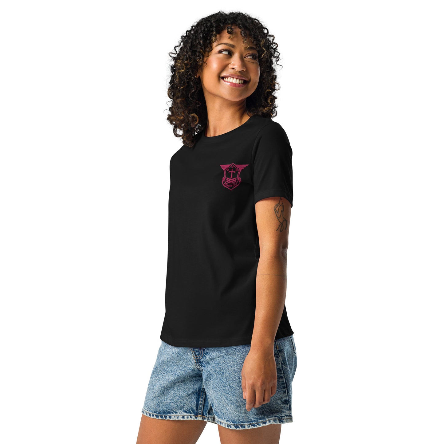 Women's Relaxed T-Shirt with Flamingo Embroidered Soldier of Christ Emblem