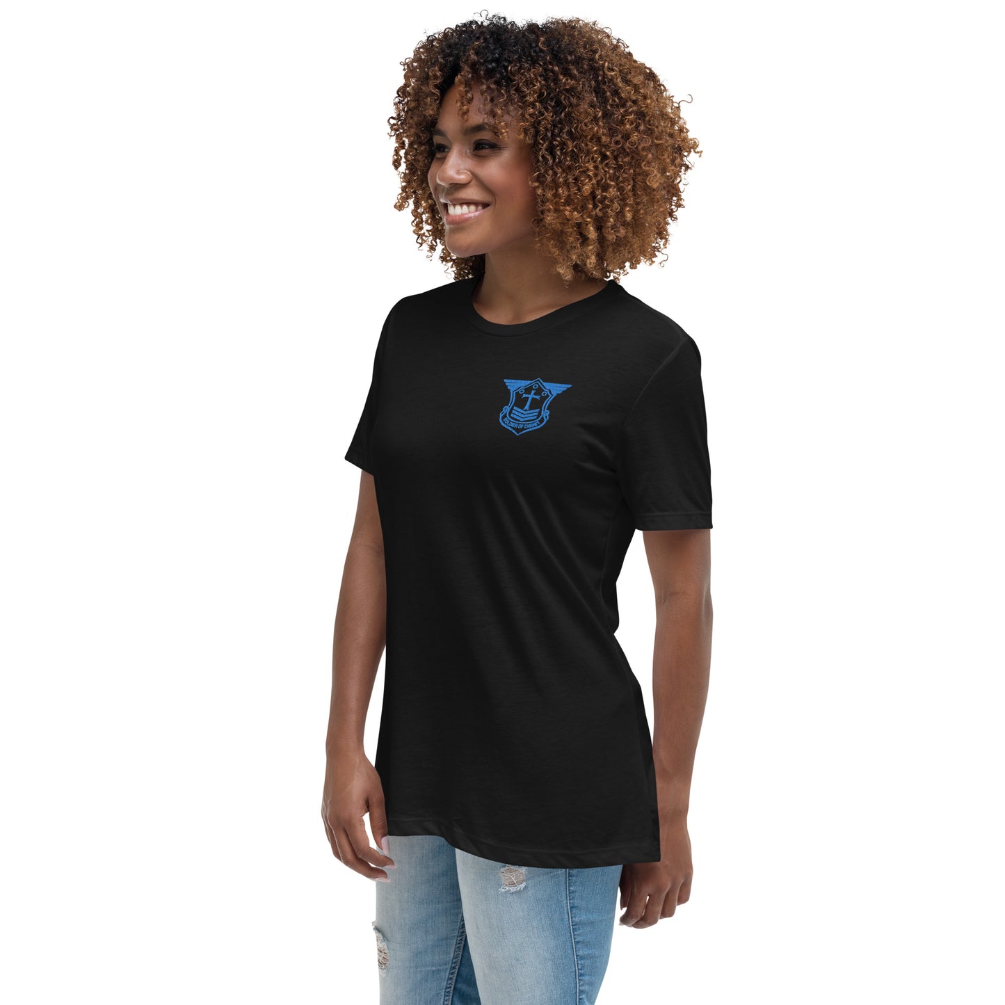 Women's Relaxed T-Shirt with Aqua Teal Embroidered Soldier of Christ Emblem