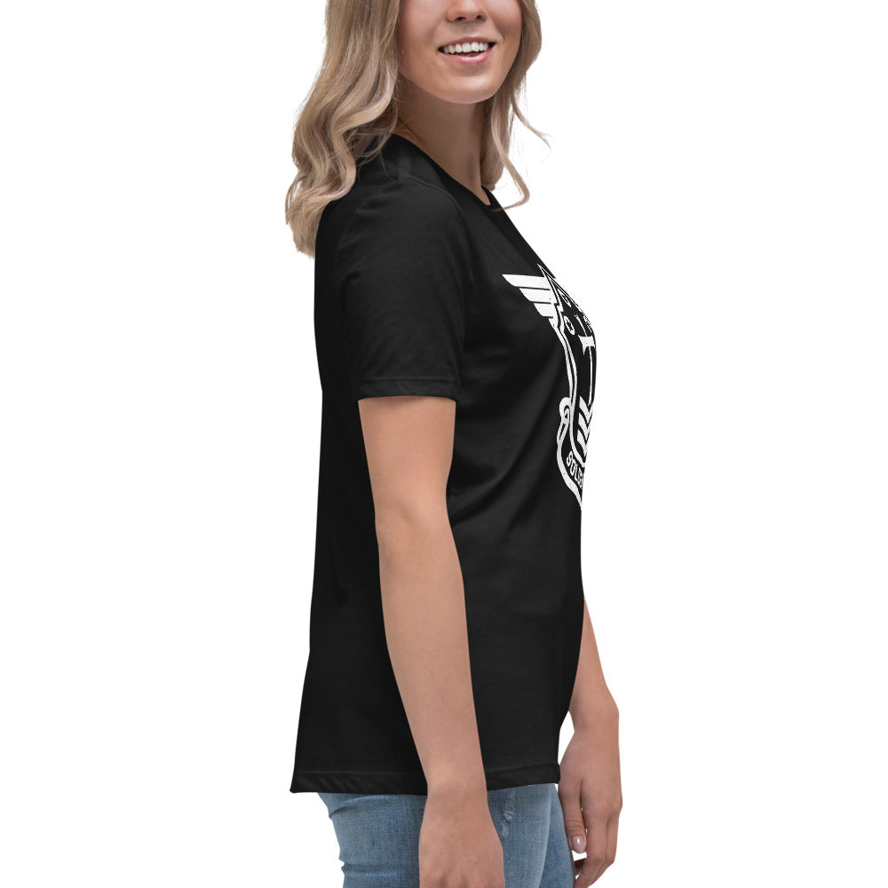 Women's Relaxed T-Shirt with White Soldier of Christ Emblem Front