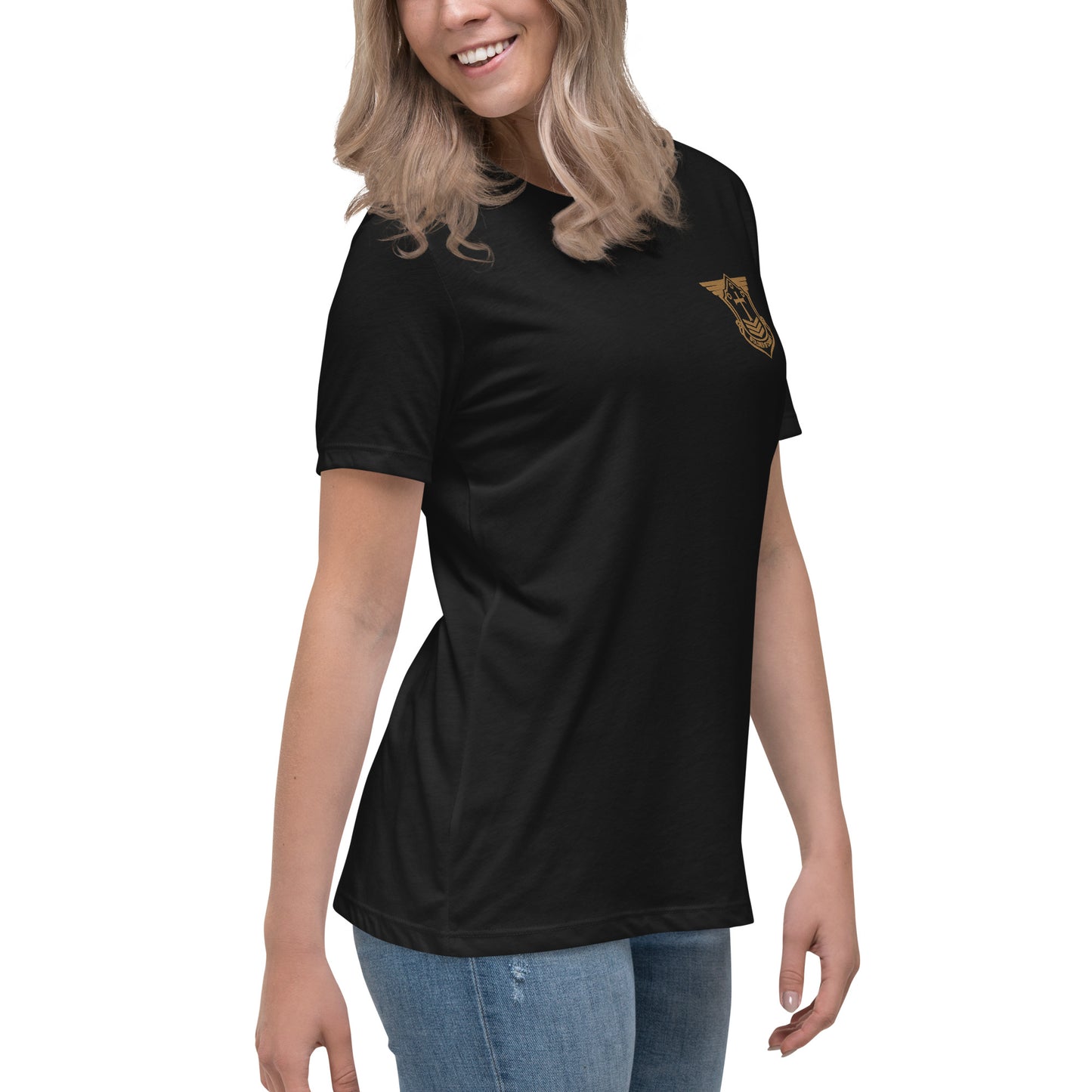 Women's Relaxed T-Shirt with Old Gold Embroidered Soldier of Christ Emblem