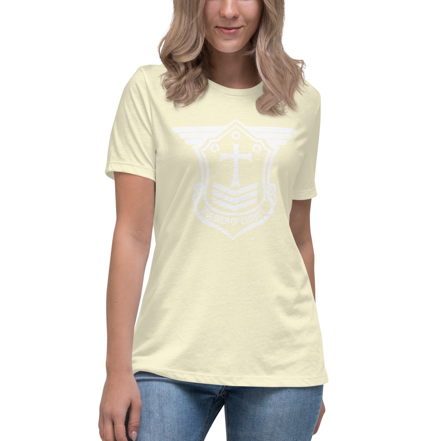 Women's Relaxed T-Shirt with White Soldier of Christ Emblem Front