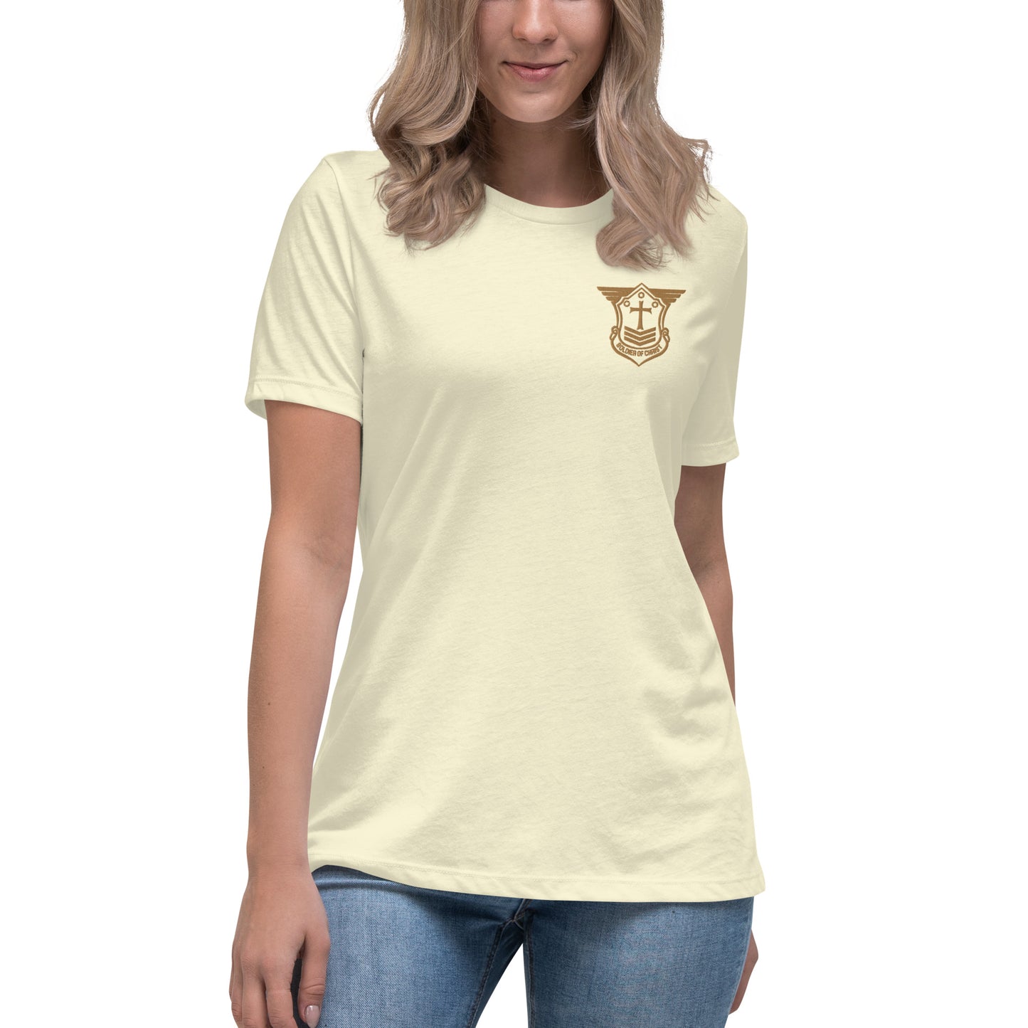 Women's Relaxed T-Shirt with Old Gold Embroidered Soldier of Christ Emblem