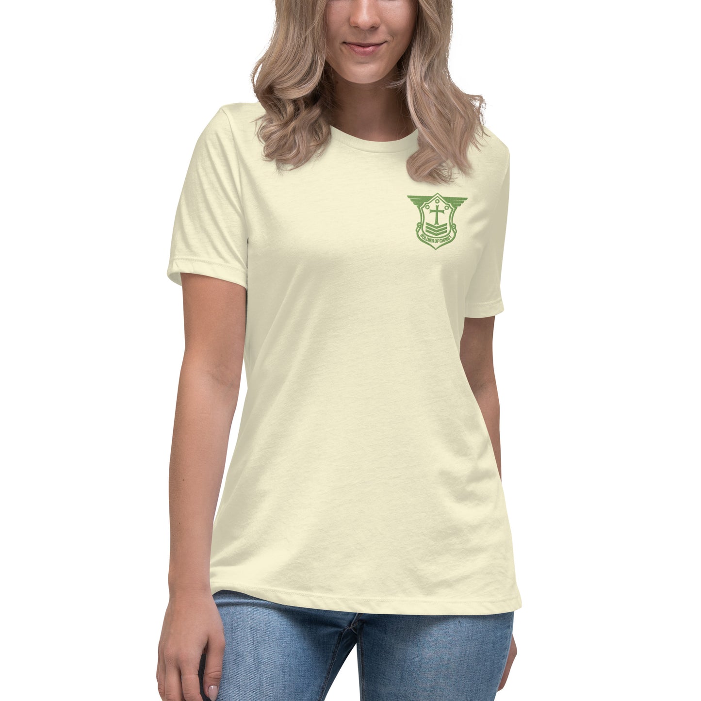 Women's Relaxed T-Shirt with Kiwi Green Embroidered Soldier of Christ Emblem